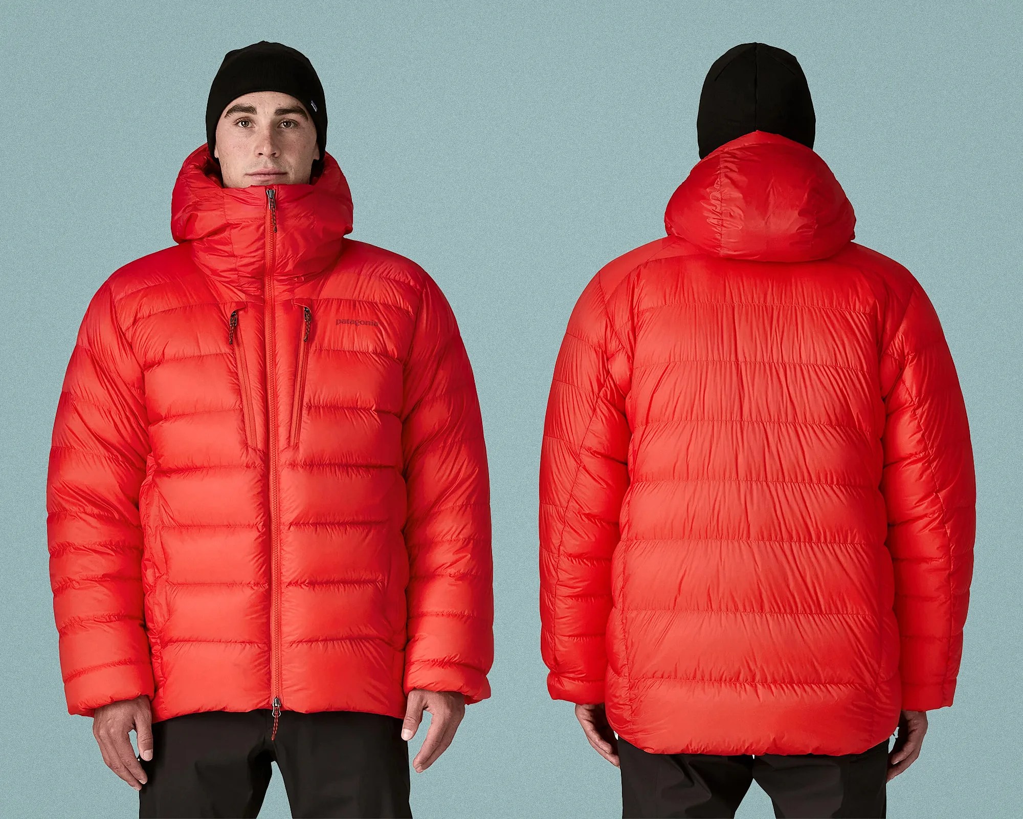Bright red puffer jacket with hood and front zipper worn by a person shown from front and back.