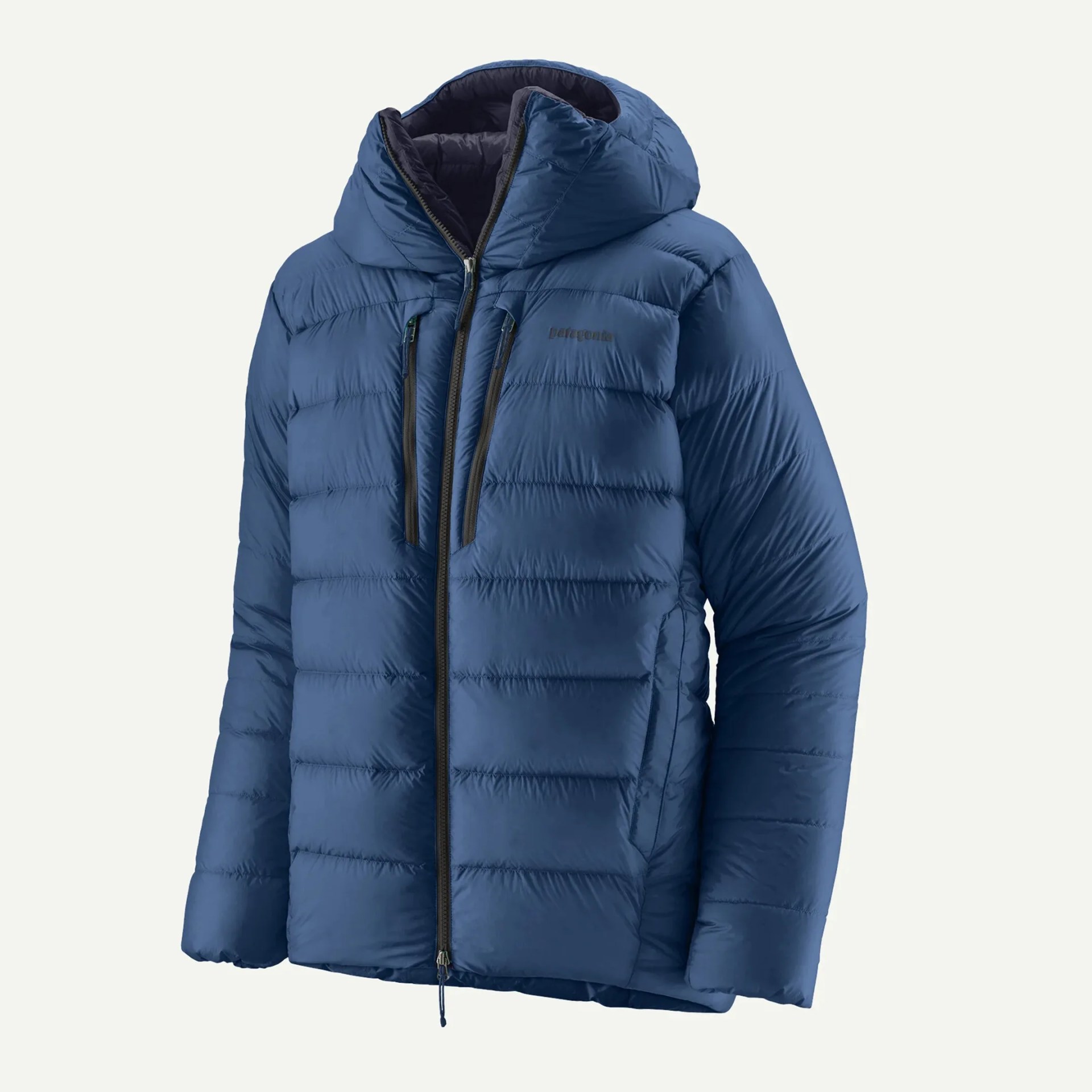 Blue insulated puffer jacket with hood and vertical chest zip pockets.