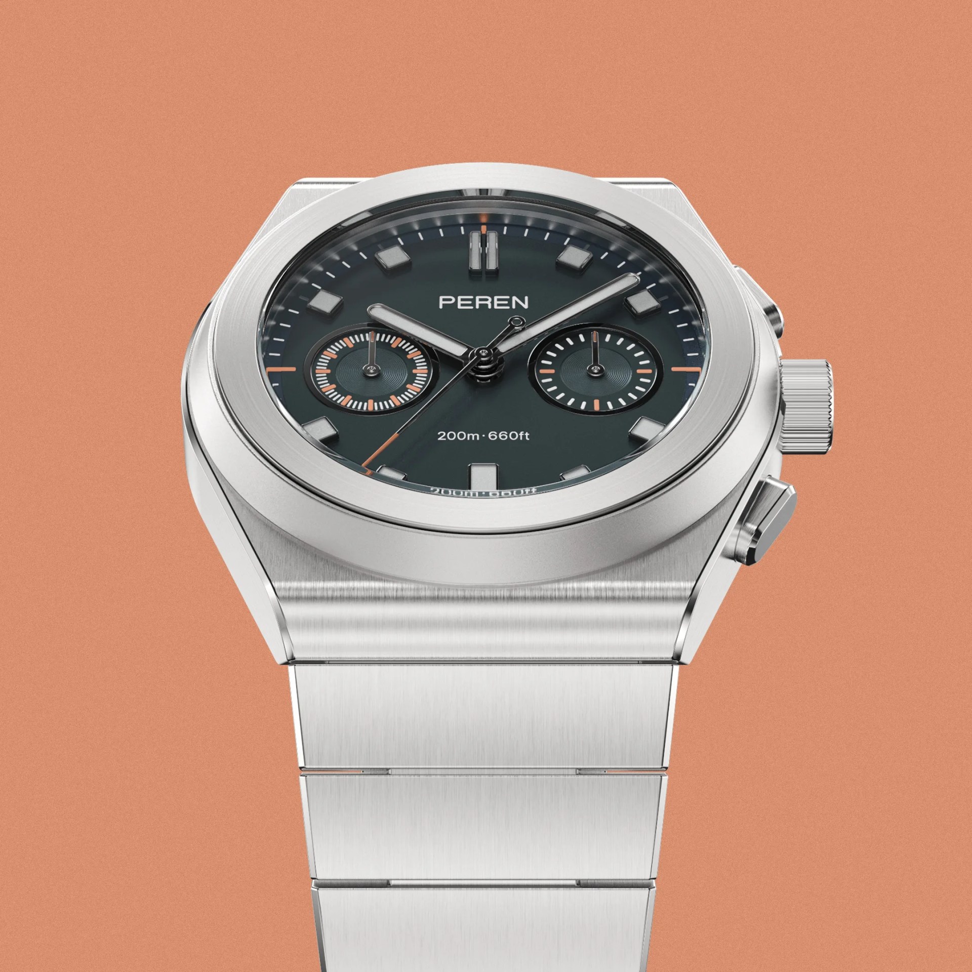 Silver stainless steel wristwatch with black dial, two subdials, and orange accents on a brown background.