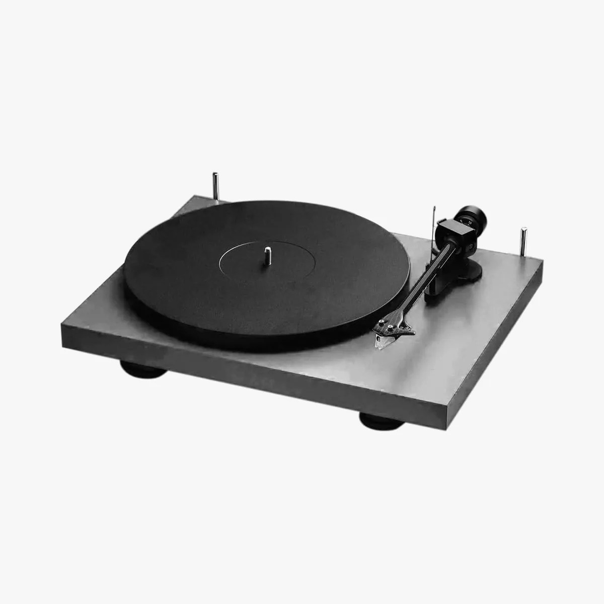 Minimalist turntable with a black platter and tonearm on a rectangular gray base.