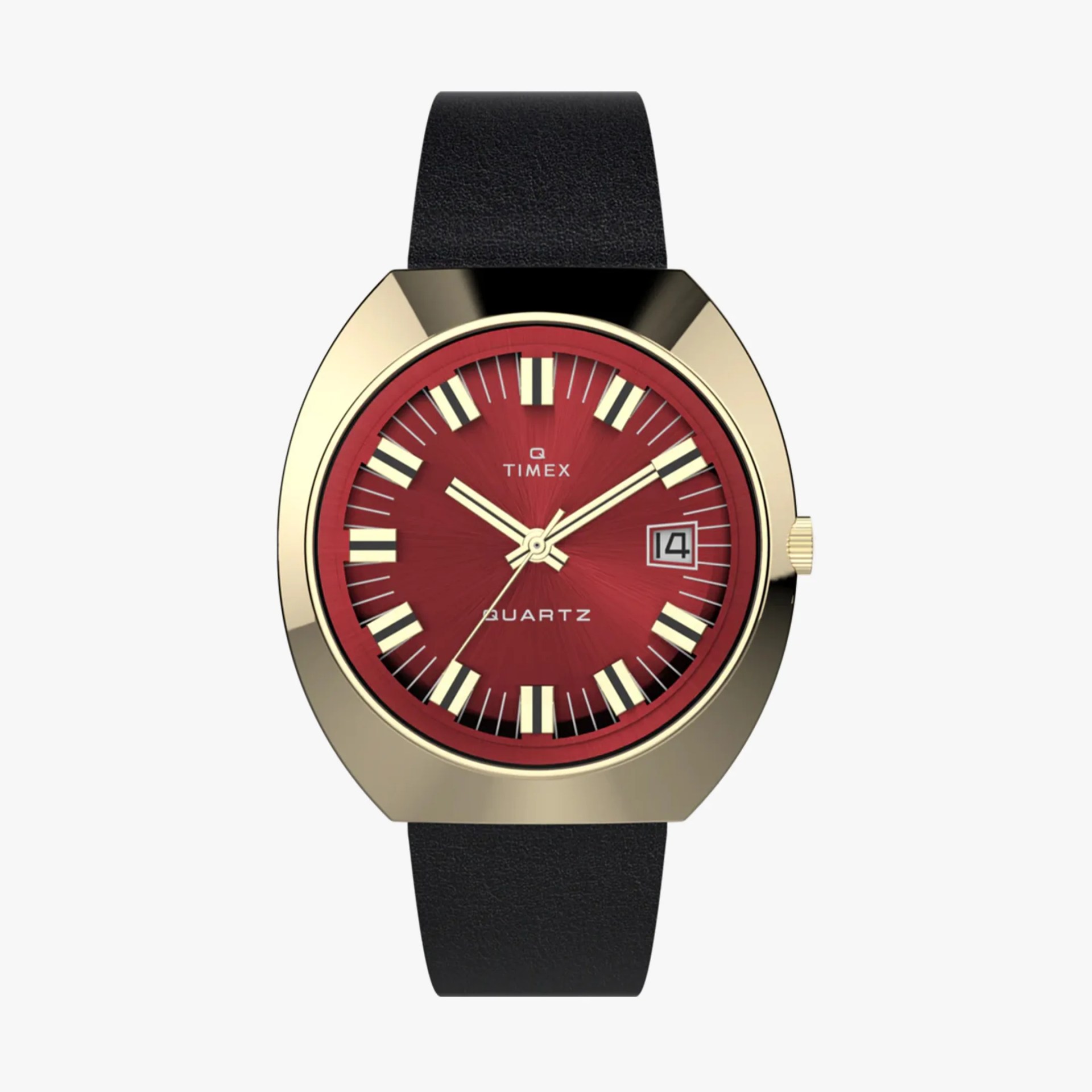 Gold-toned Timex wristwatch with a red dial, black leather strap, and date display at 3 o'clock.