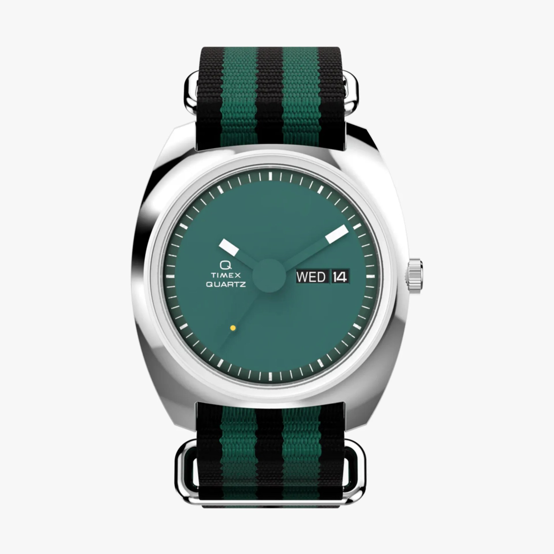 Silver Timex Quartz watch with green dial, day-date display, and green and black striped fabric strap.