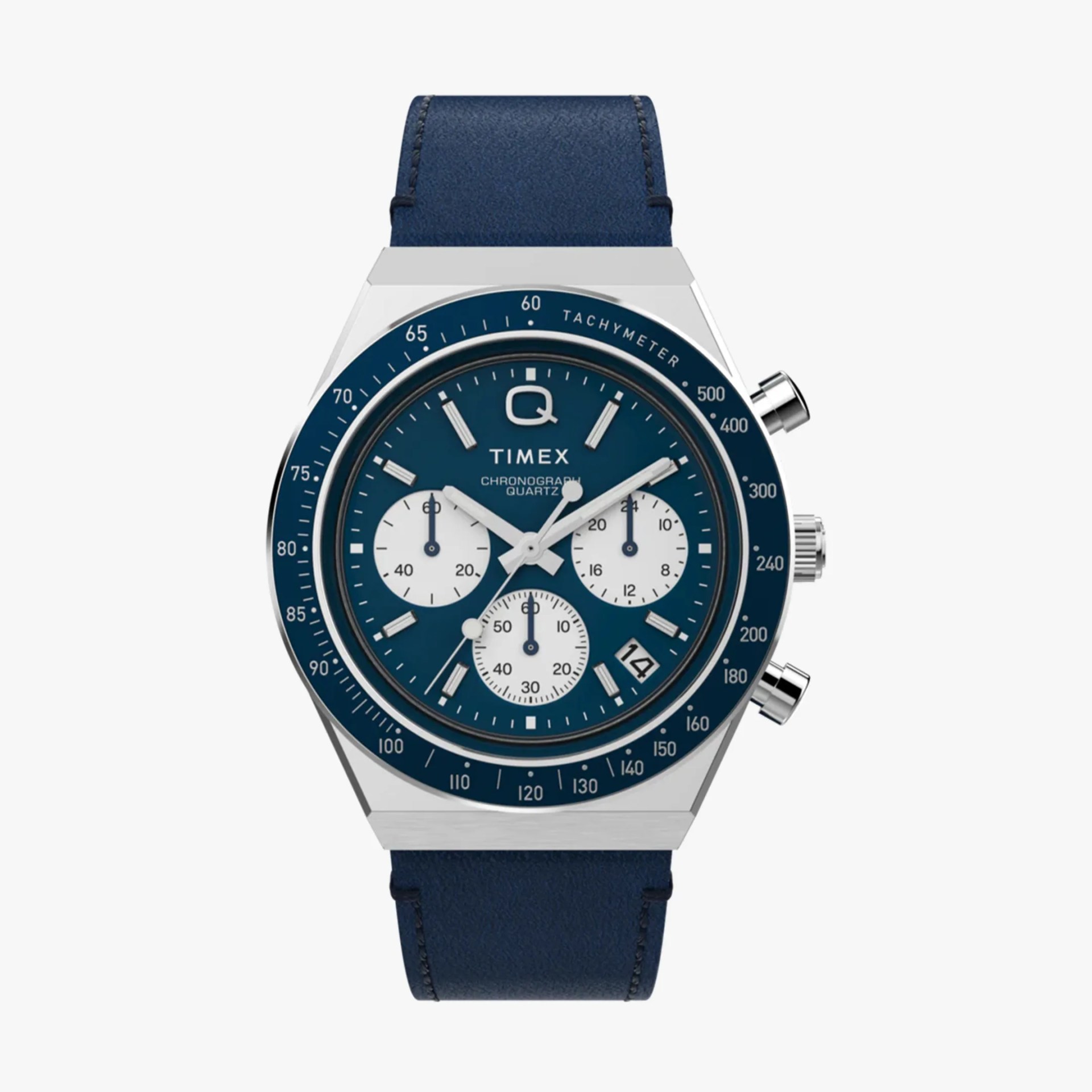 Silver Timex chronograph watch with blue dial, white subdials, tachymeter bezel, and blue leather strap.