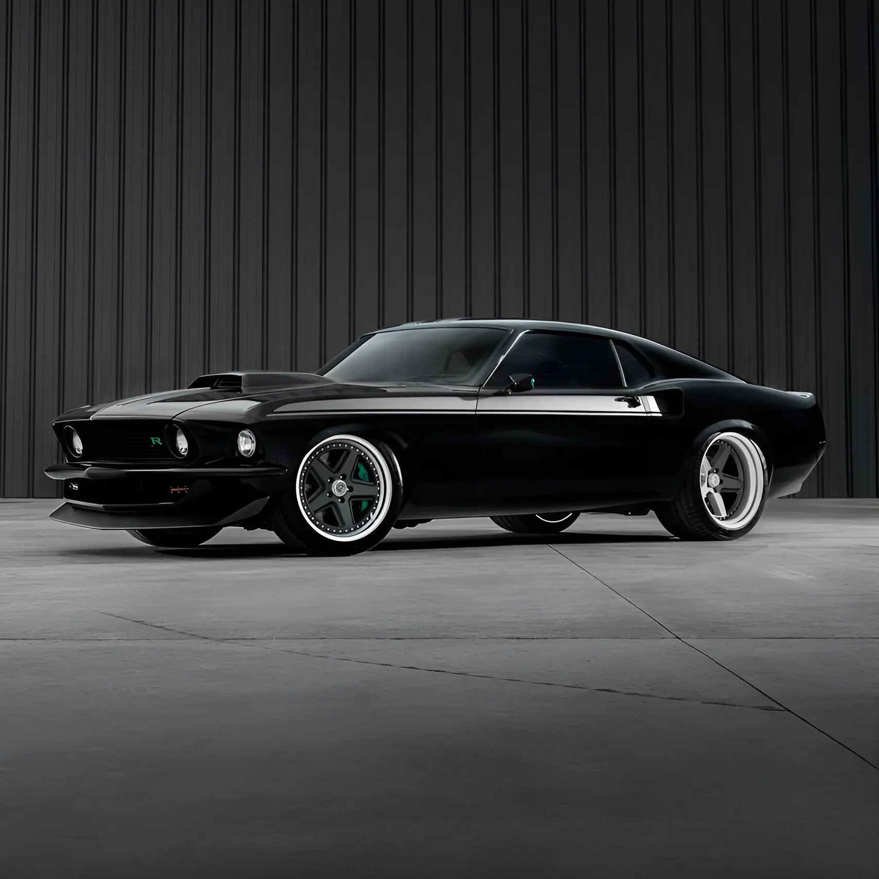 Glossy black classic muscle car with wide tires and custom rims parked indoors against a dark corrugated wall.