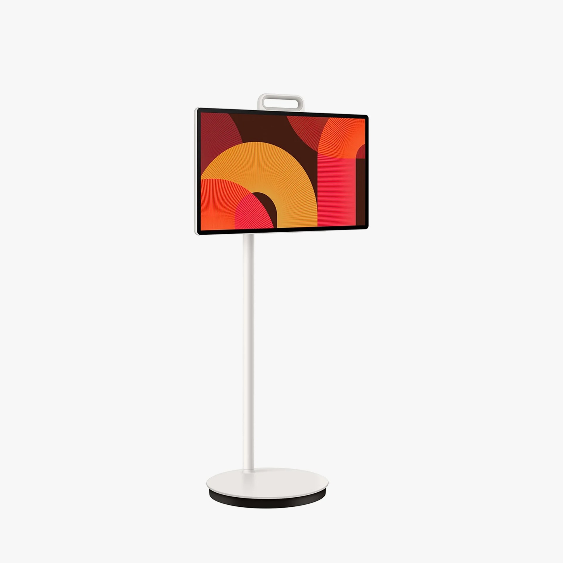 White freestanding digital display stand with a rectangular screen showing abstract orange and red patterns.
