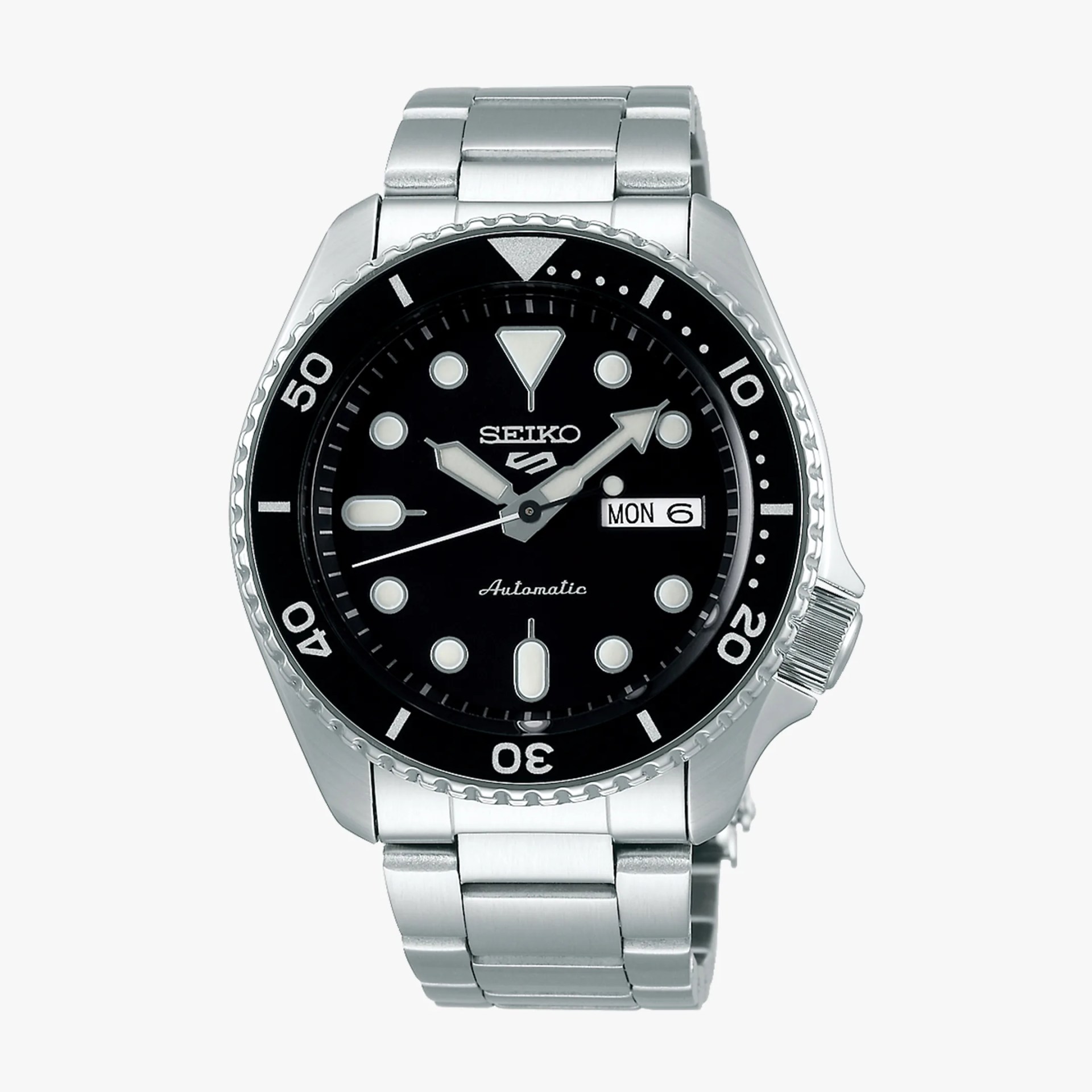 Silver stainless steel Seiko automatic wristwatch with black dial, luminous markers, and day-date display.