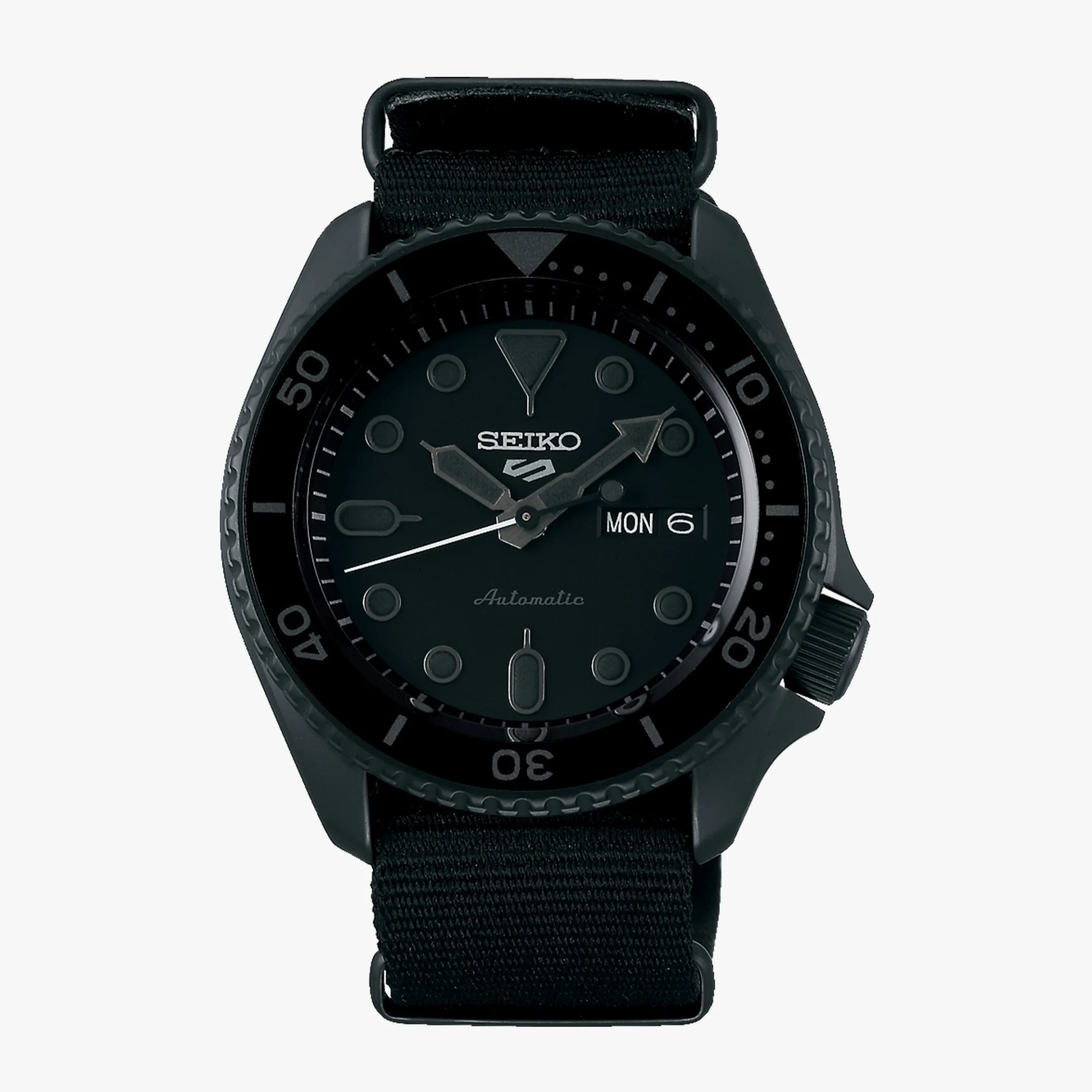 Black Seiko automatic wristwatch with fabric strap and day-date display on the dial.