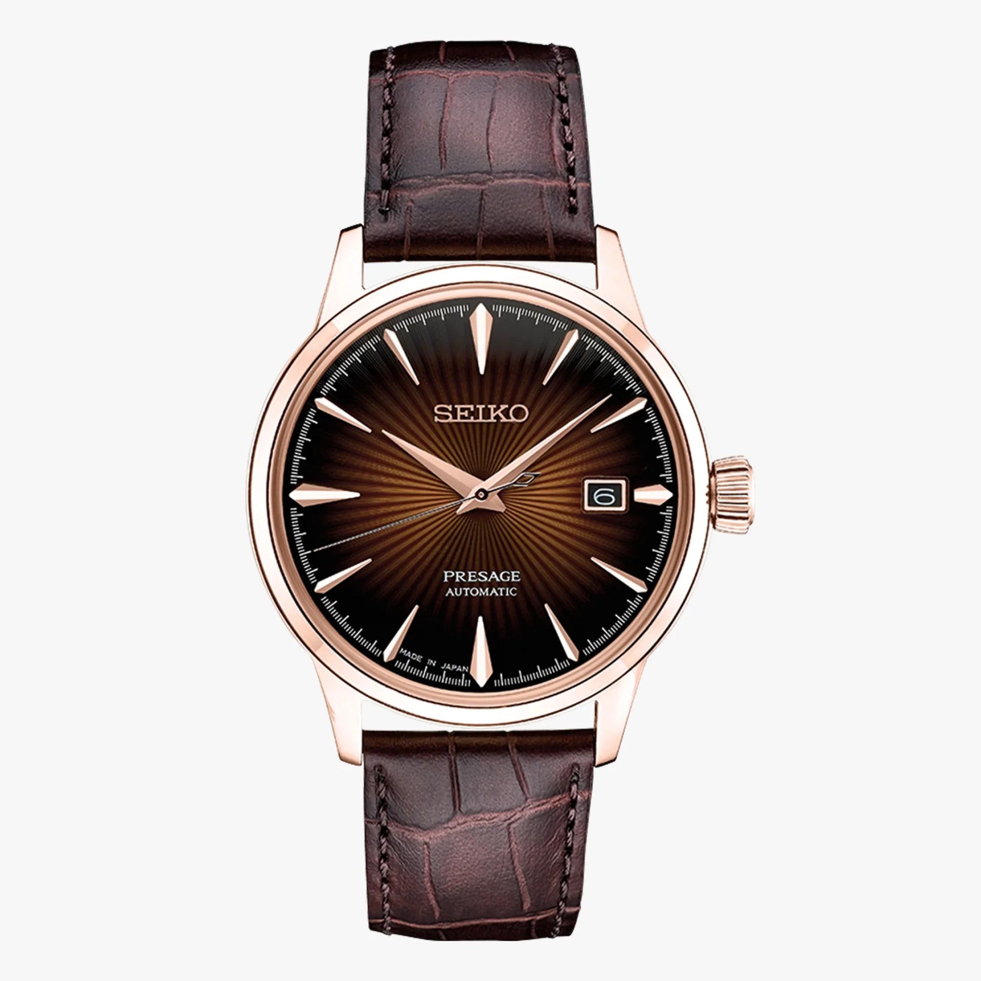 Seiko Presage automatic watch with brown sunburst dial, rose gold case, and brown leather strap.