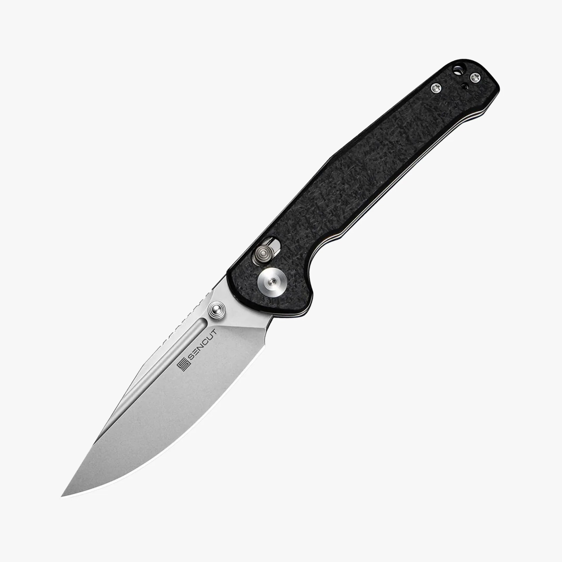 Folding knife with a silver blade and black textured handle, blade marked "SENCUT.