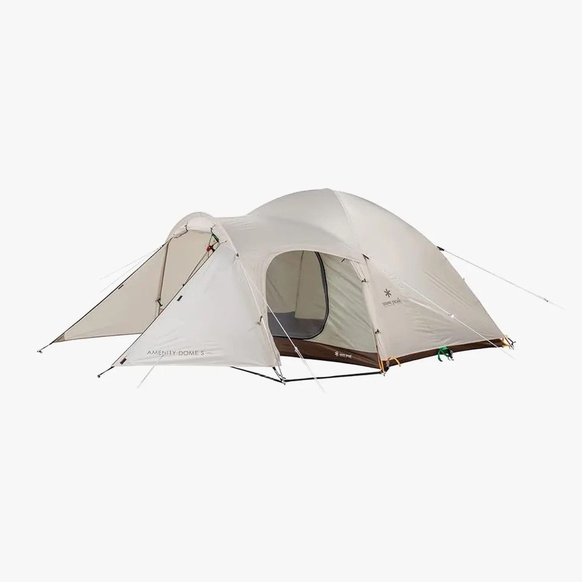 Beige dome tent with extended canopy and mesh door on a white background.