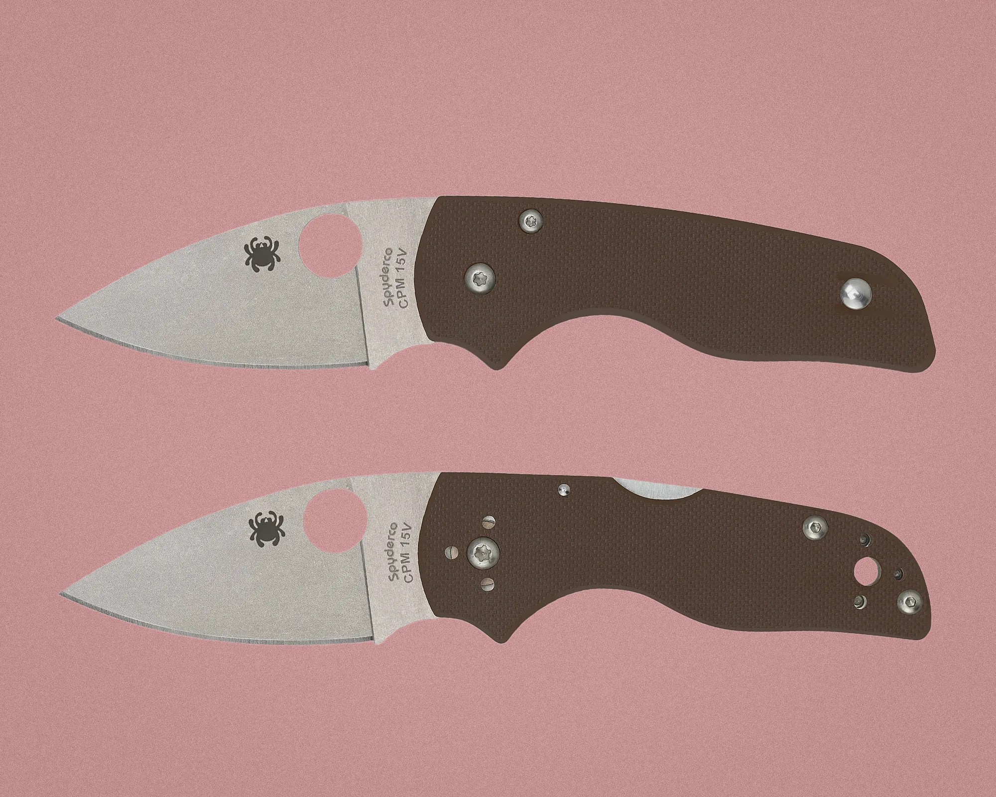 Two brown-handled Spyderco folding knives with stonewashed CPM 15V blades on a pink background, one open and one closed.