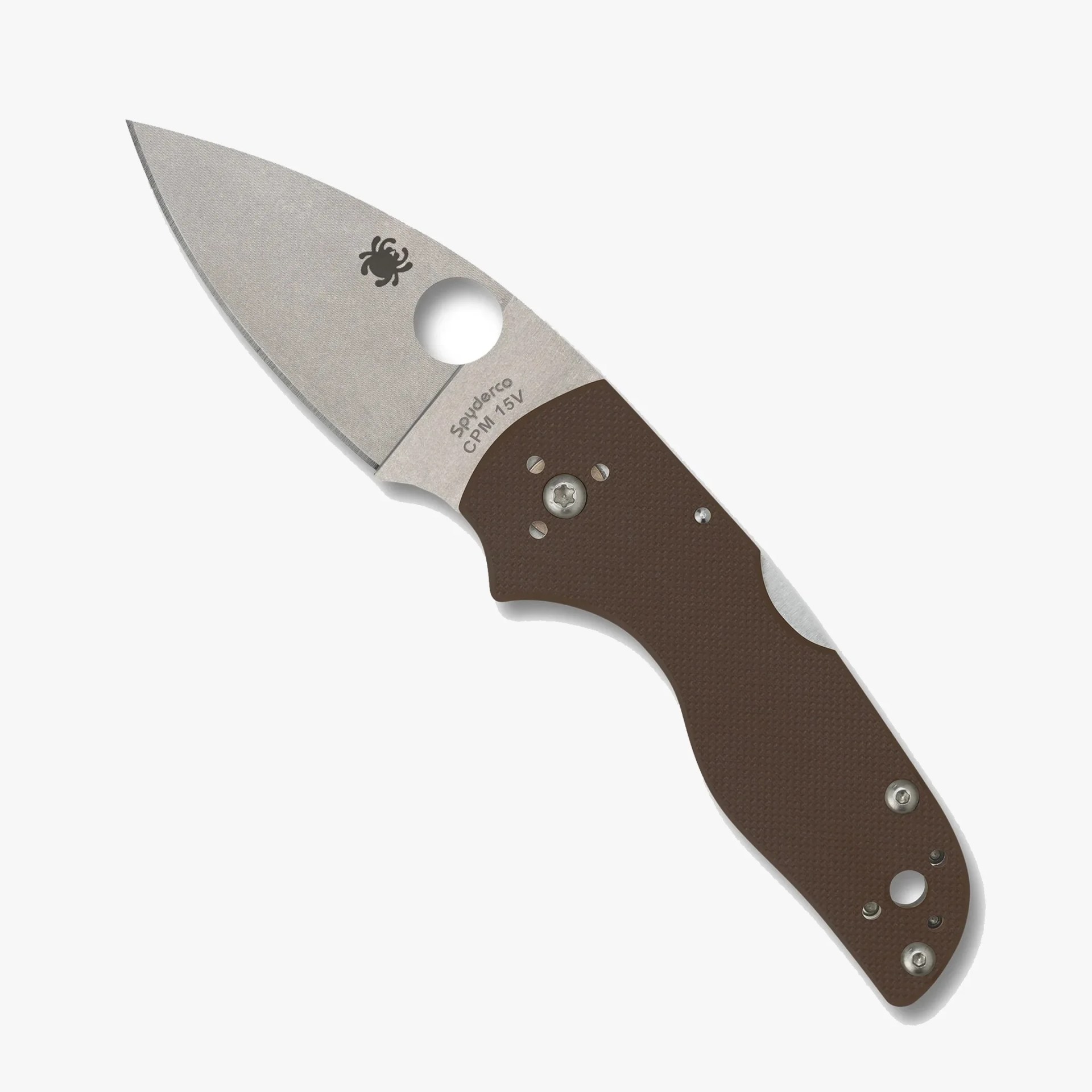 Folding knife with stonewashed CPM 15V steel blade and textured brown handle.
