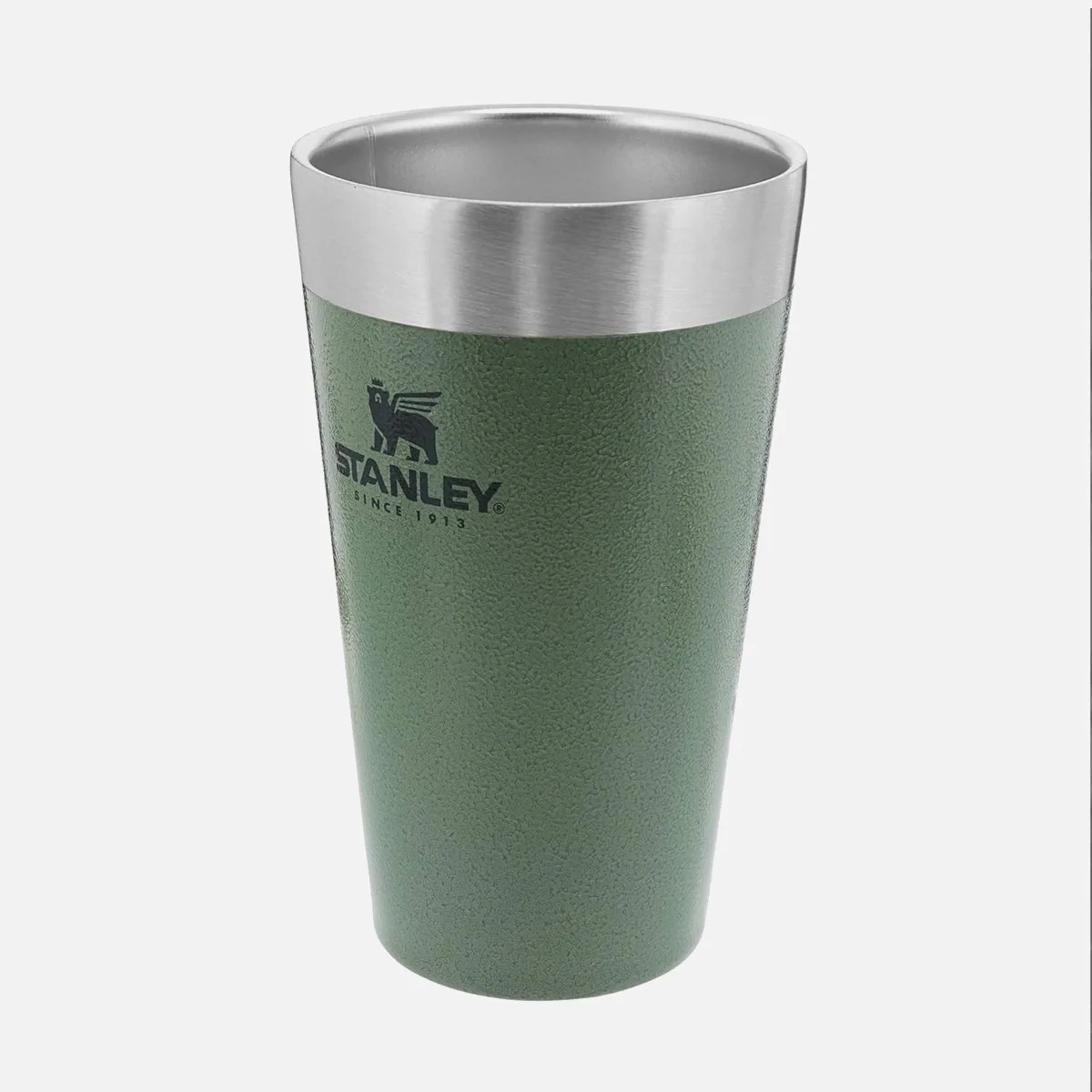 Green textured Stanley insulated tumbler with stainless steel rim and black logo on a white background.