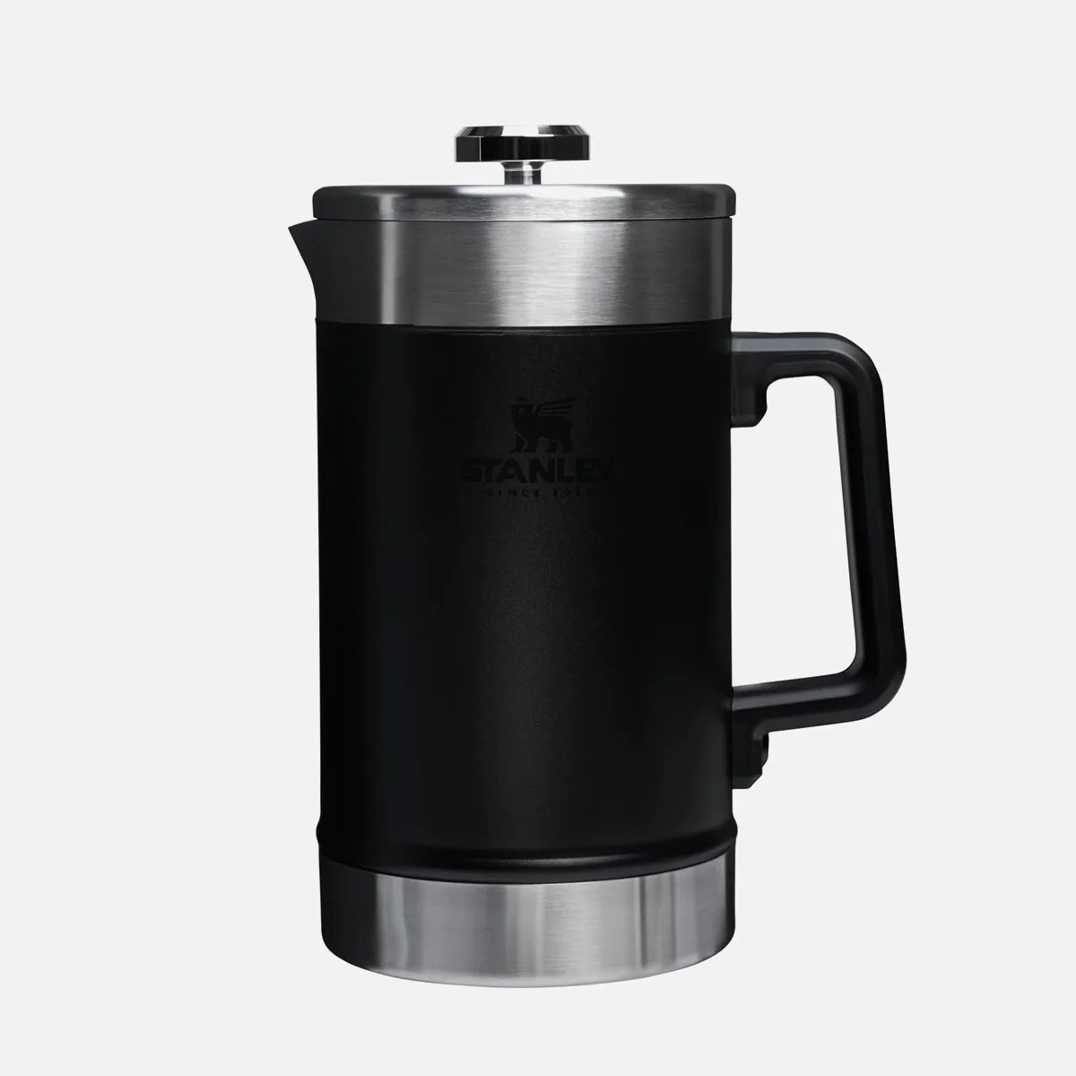 Black and stainless steel Stanley French press coffee maker with a handle.