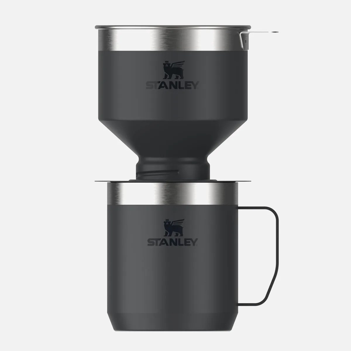Matte black Stanley stainless steel coffee dripper set with mug and handle on a white background.