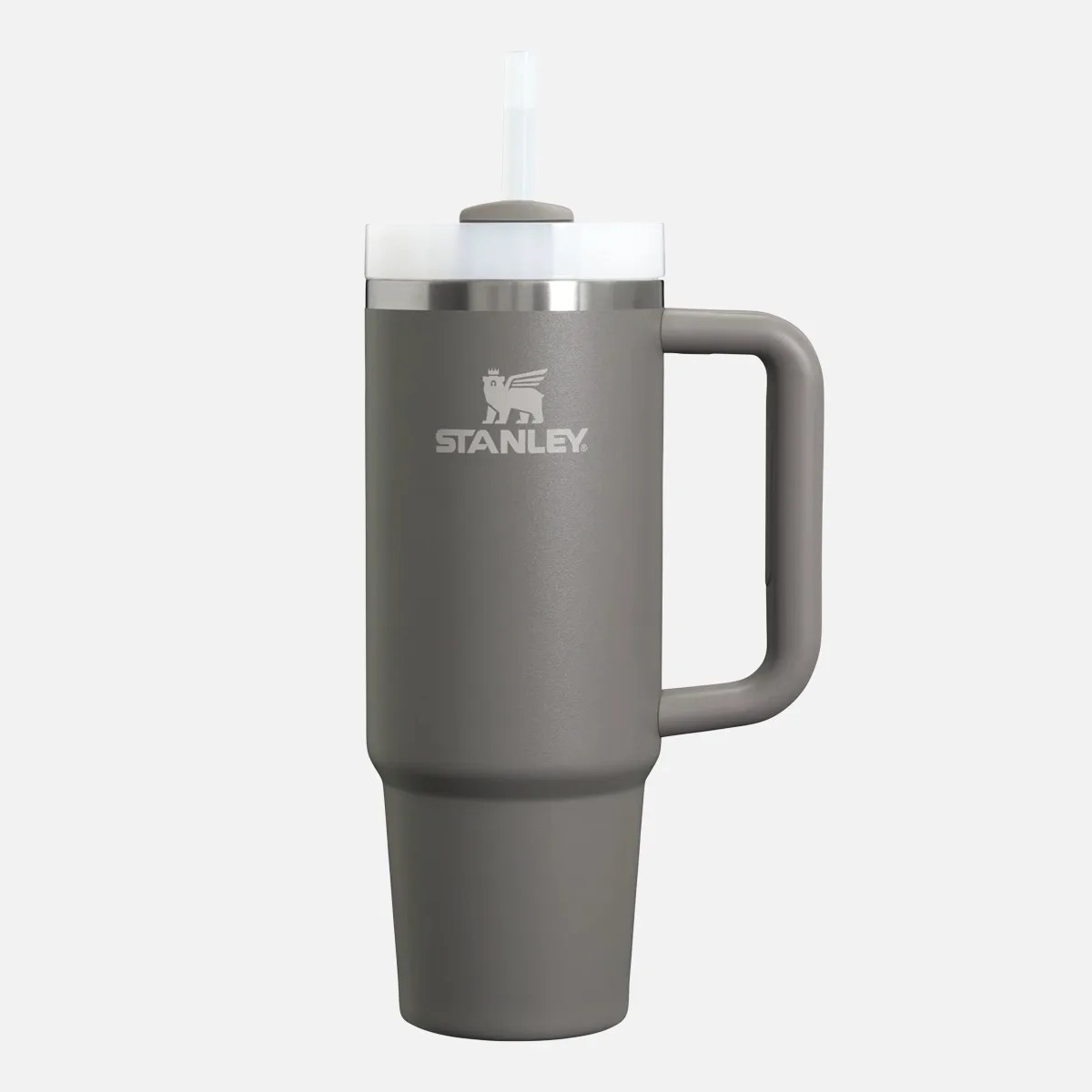 Gray Stanley insulated travel mug with handle and white lid with straw.