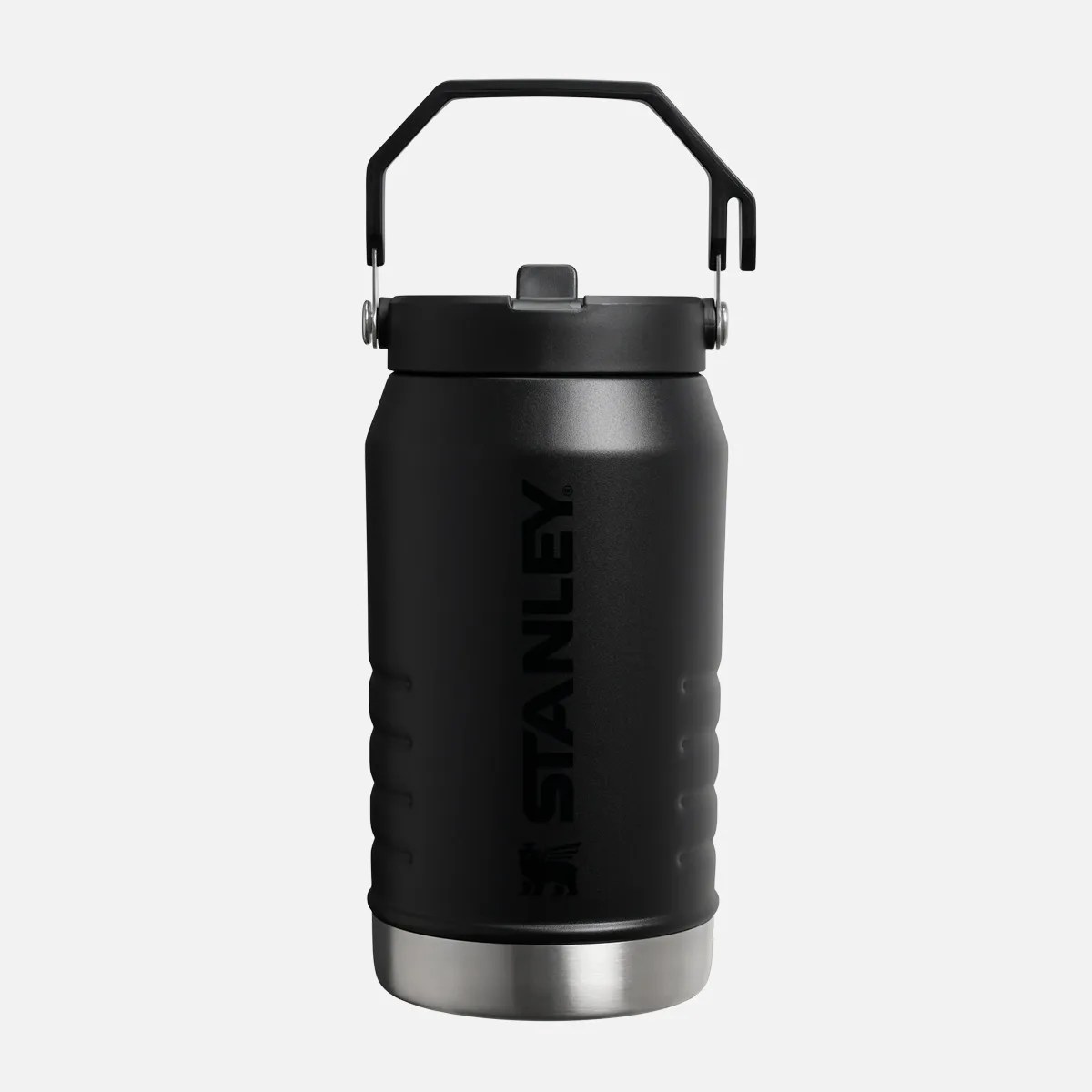 Black Stanley insulated water jug with a foldable handle and stainless steel base.
