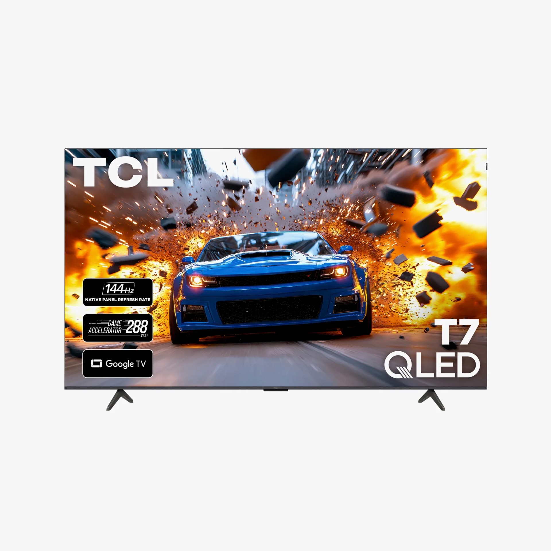 TCL T7 QLED TV displaying a blue sports car with explosion effects, featuring 144Hz refresh rate and Google TV logo.