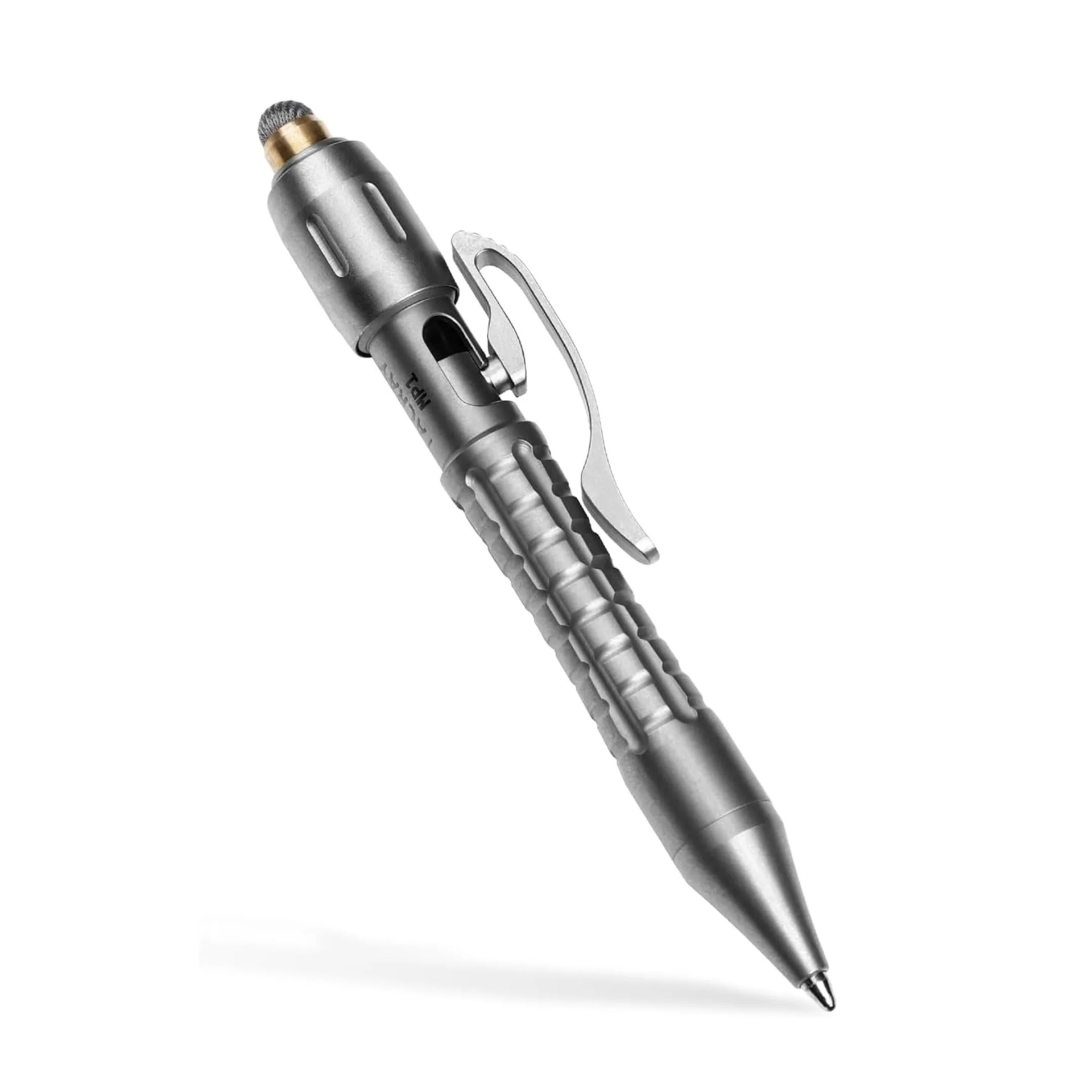 Metallic tactical pen with a textured grip, clip, and a brass tip on a white background.