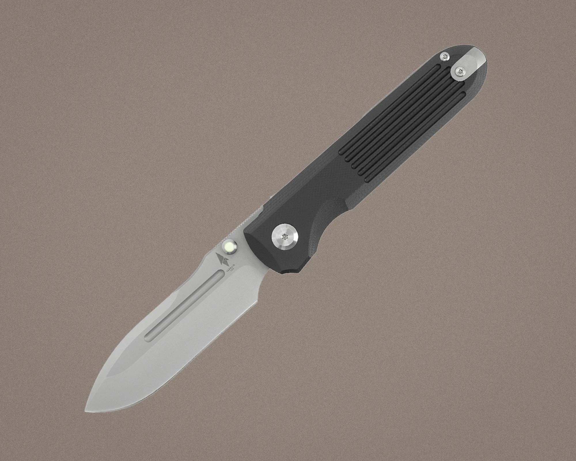 Folding knife with a silver blade and black textured handle on a gray background.