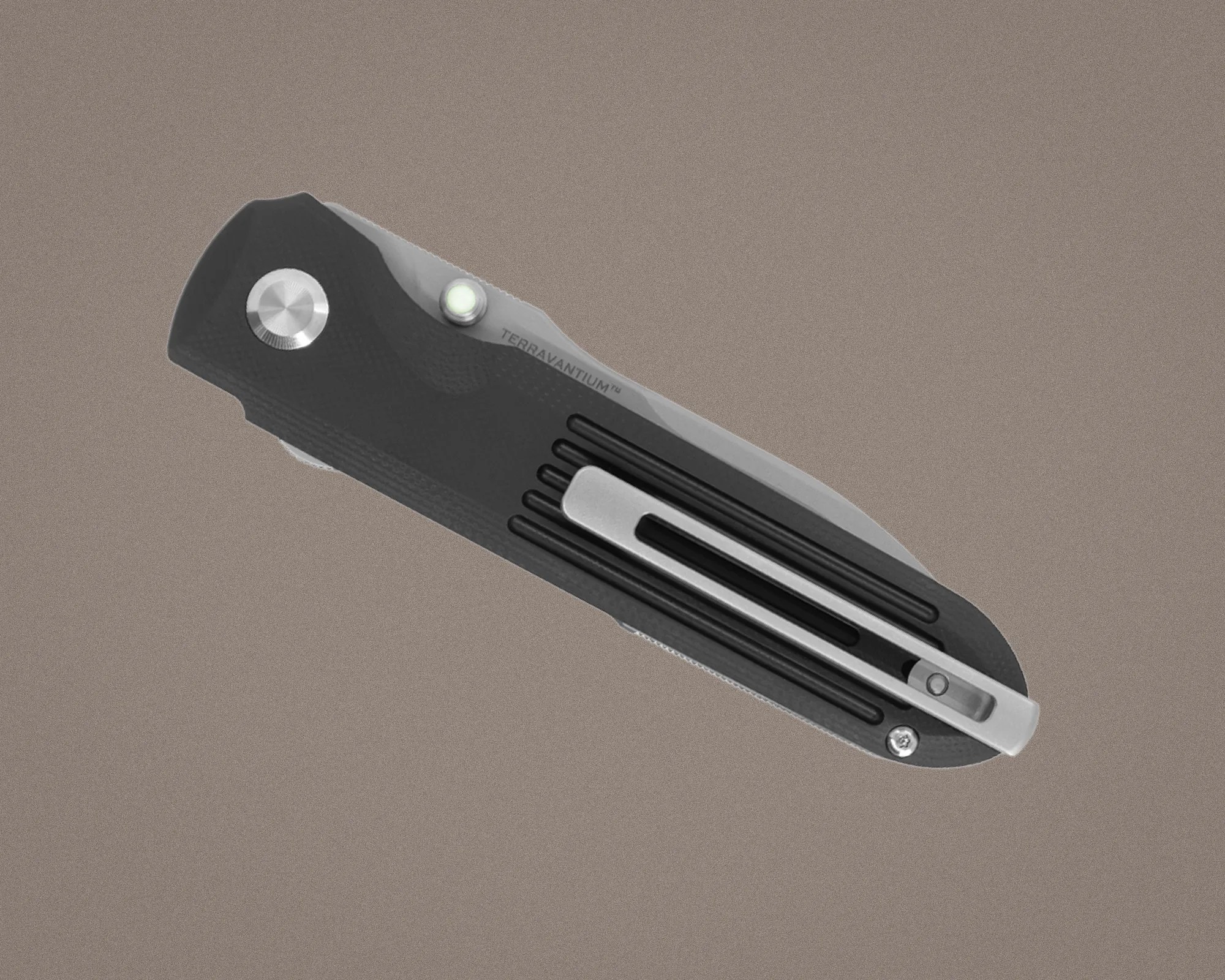 Folded black pocket knife with a silver clip and a thumb stud on a gray background.