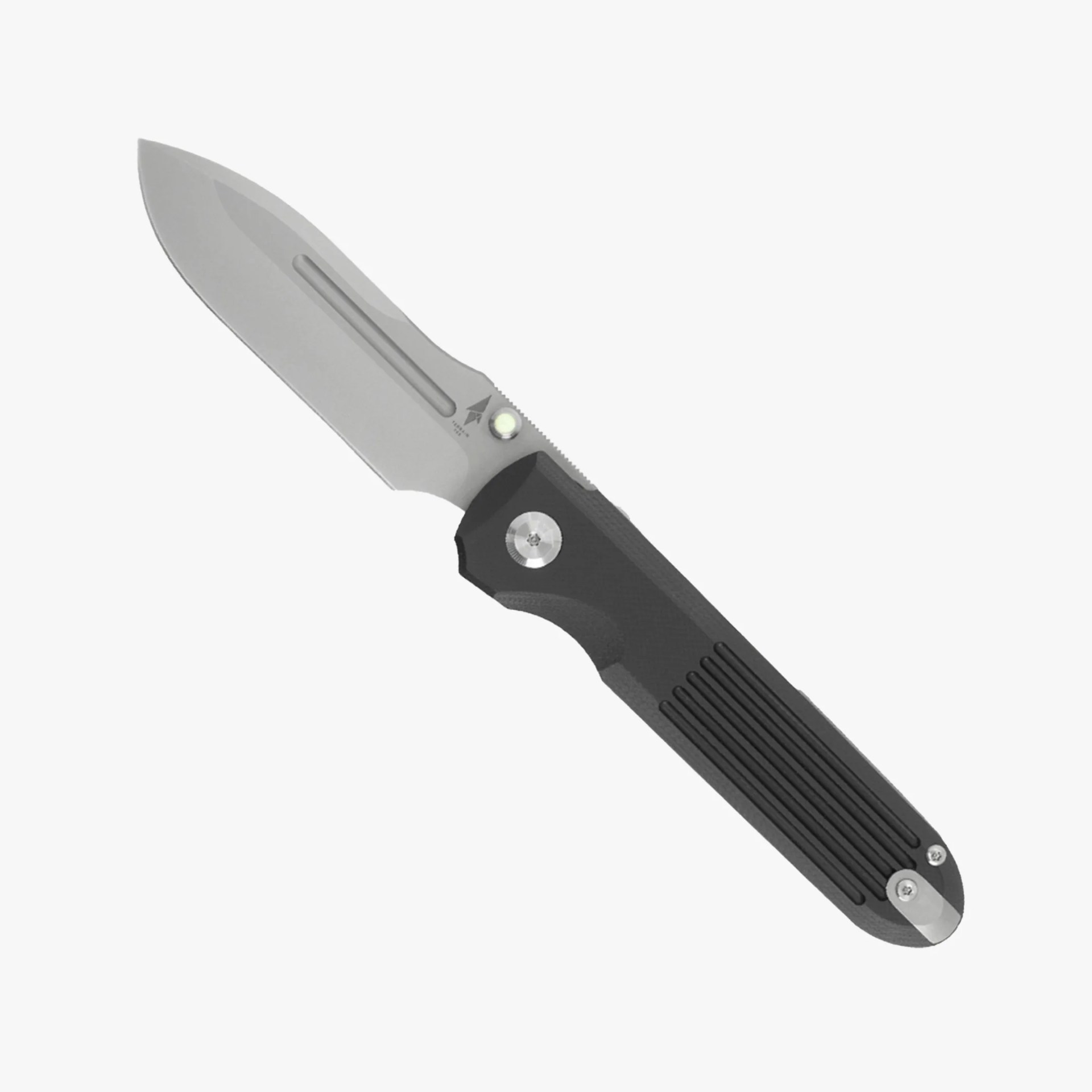 Folding knife with a silver blade and black textured handle featuring a clip.
