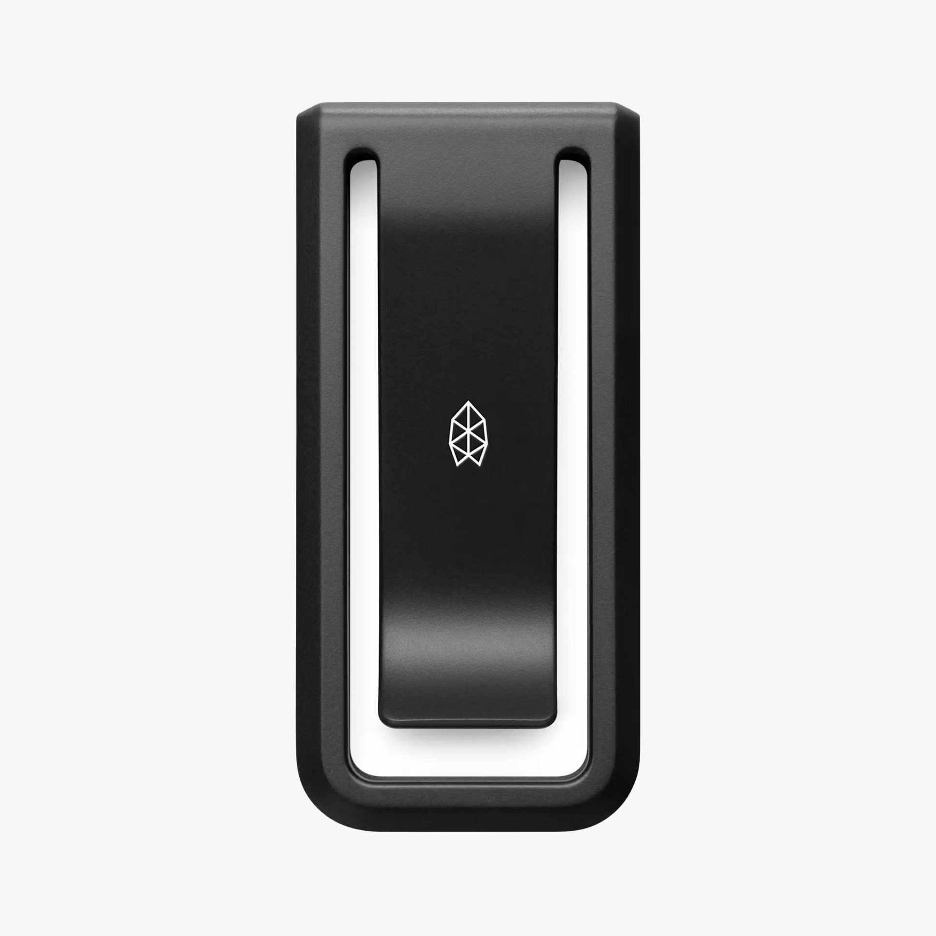 Black rectangular money clip with a geometric white logo on the front.