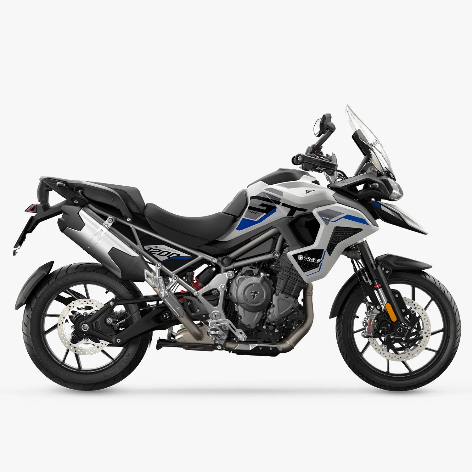 White and black Triumph Tiger 1200 adventure motorcycle with blue accents and a clear windshield.