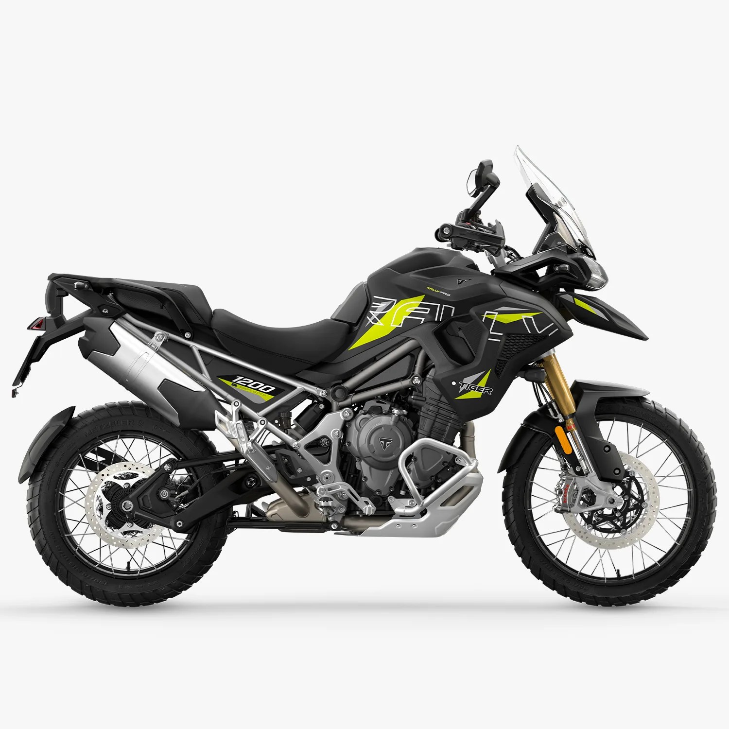 Black and neon yellow Triumph Tiger 1200 adventure motorcycle with spoked wheels and a clear windshield.