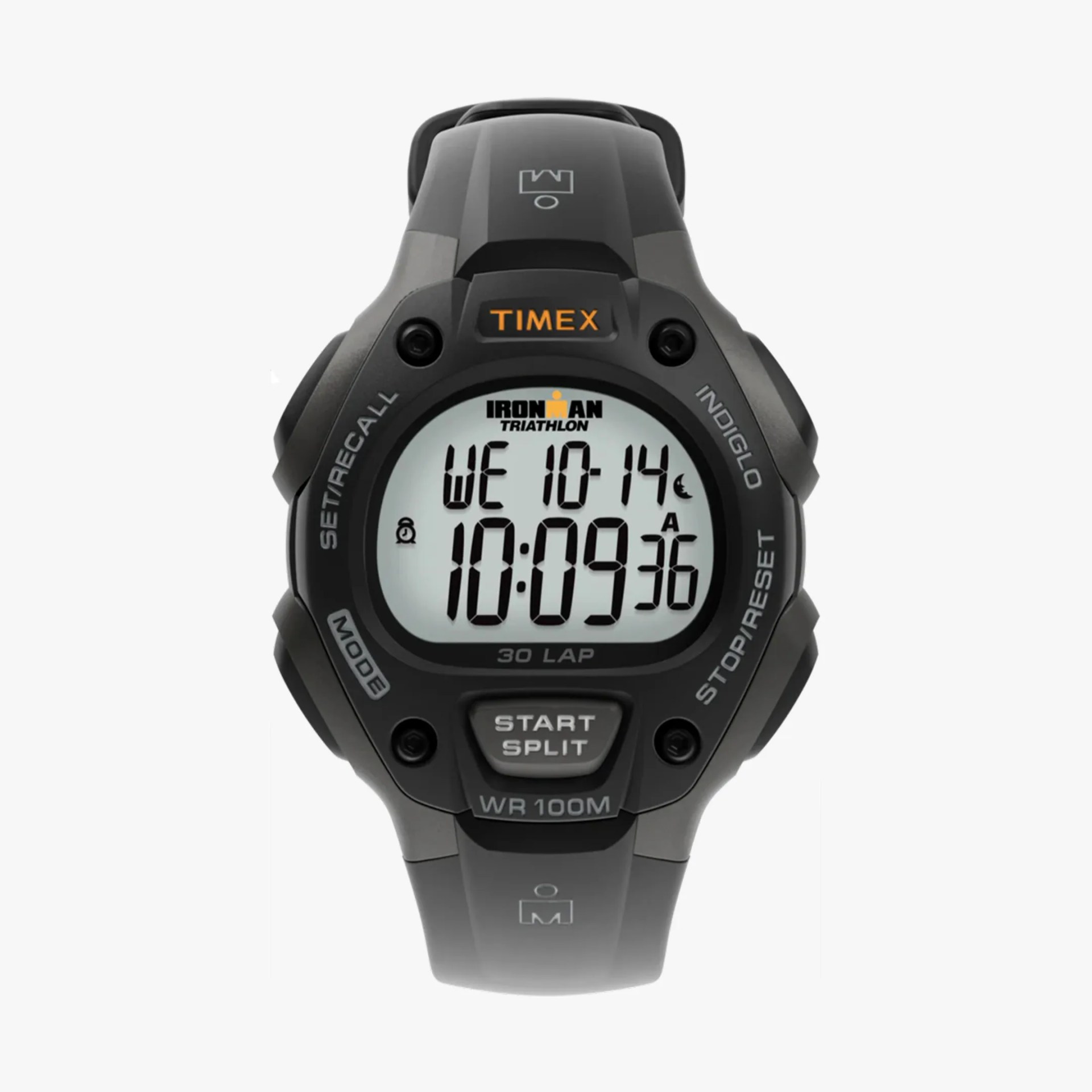 Black Timex Ironman Triathlon digital sports watch with gray buttons and a black resin strap.