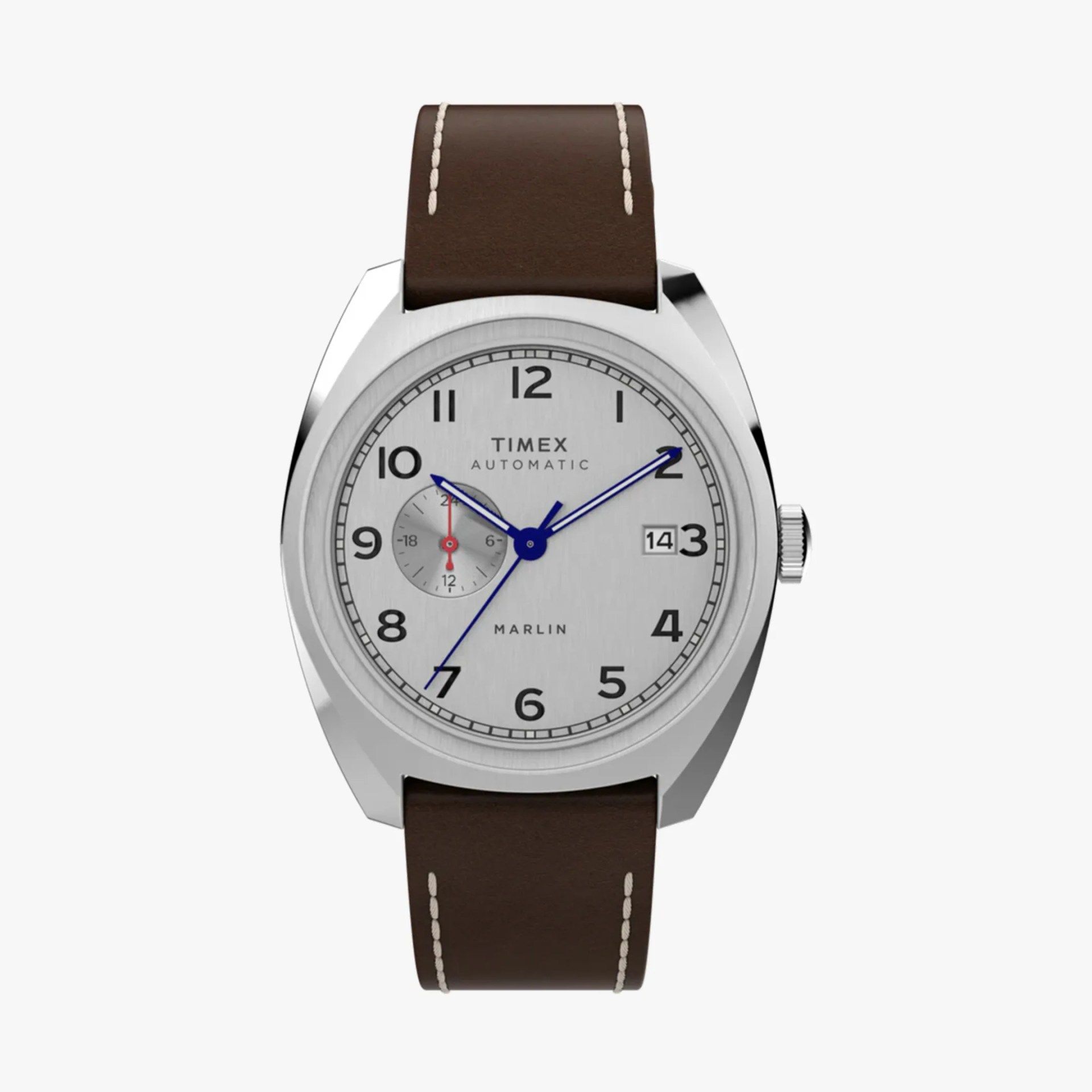 Silver Timex Marlin automatic watch with blue hands, black numerals, date window, and brown leather strap.