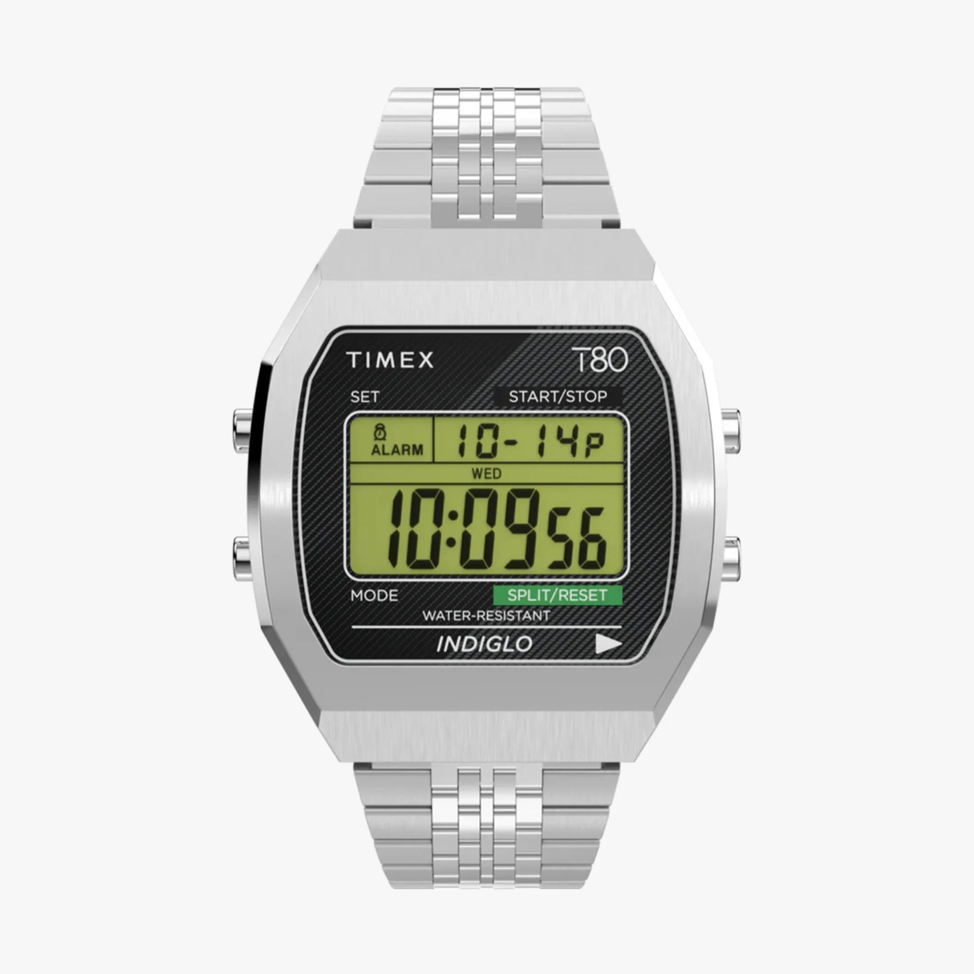 Silver Timex T80 digital watch with rectangular face and metal link band displaying time and date.