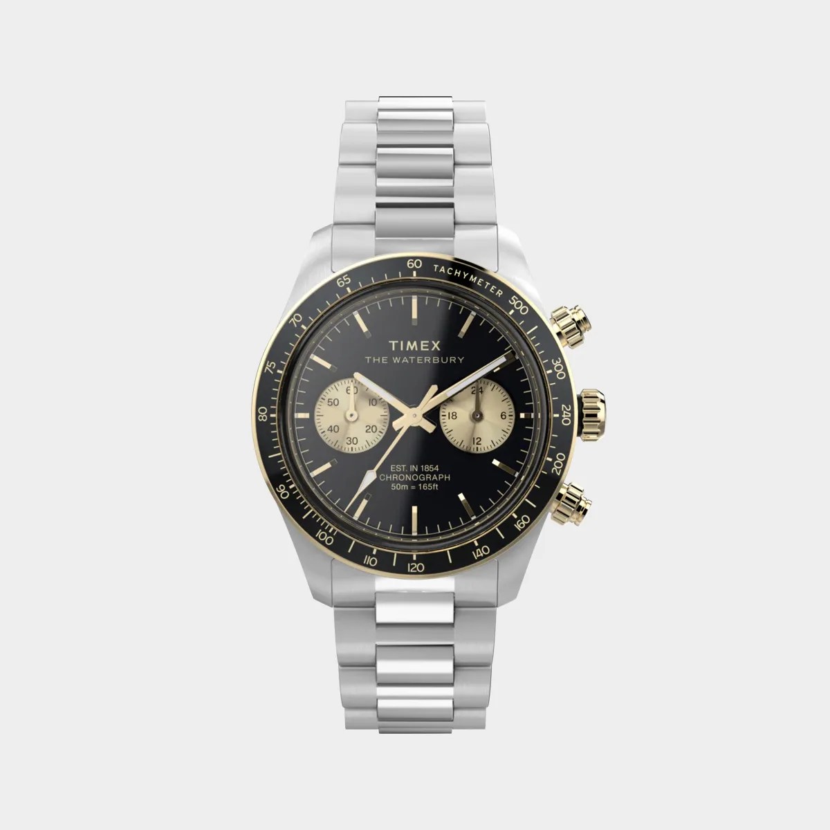 Silver metal bracelet watch with black dial, gold accents, two subdials, and tachymeter bezel.