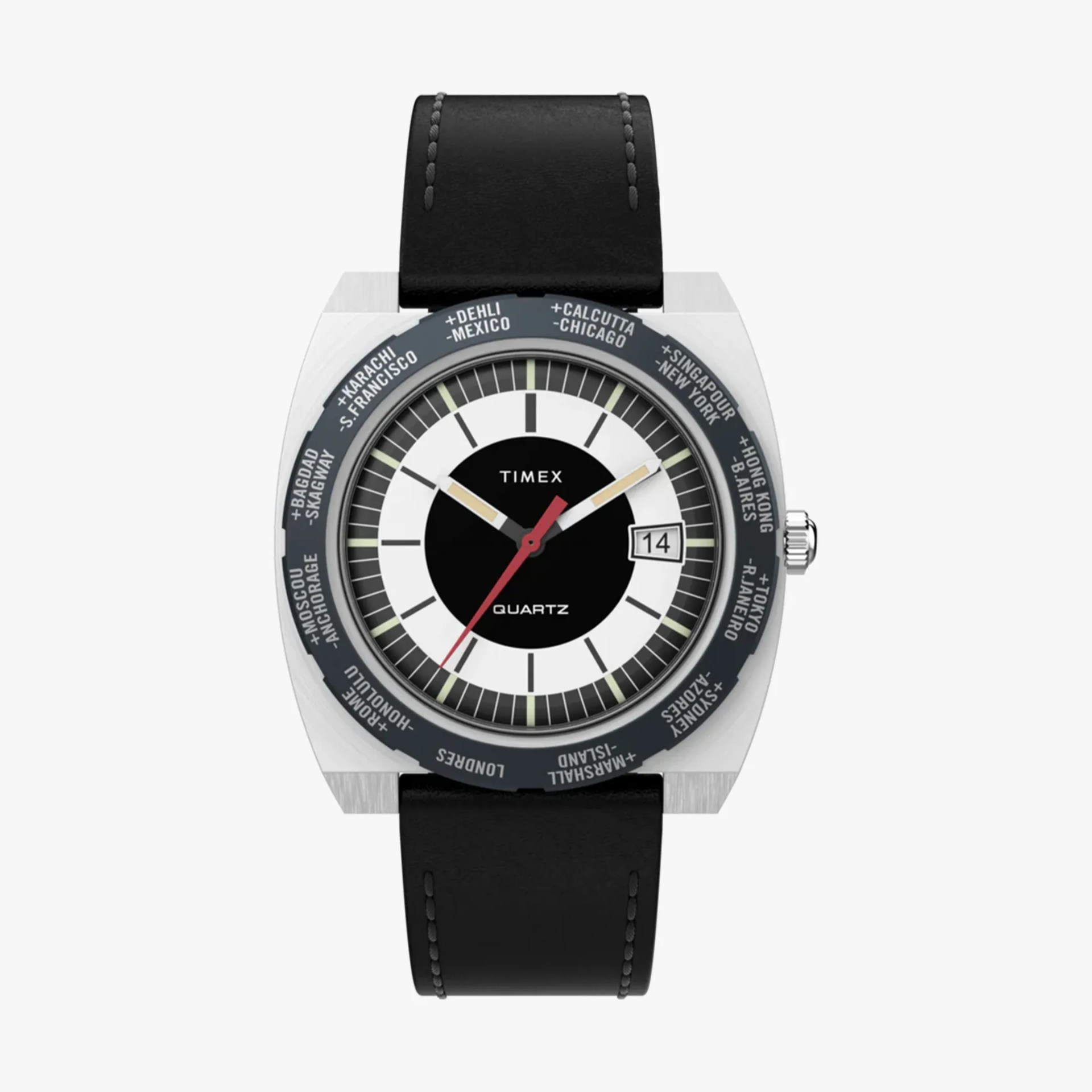 Square silver Timex quartz watch with black and white dial, date window, and black leather strap.