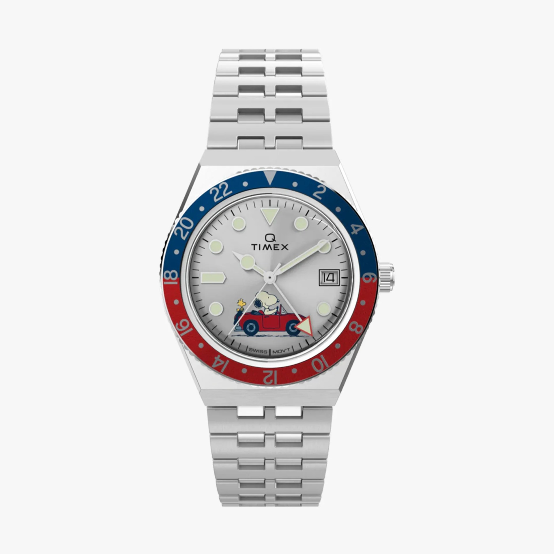 Silver Timex wristwatch with red and blue bezel and Snoopy driving a red car on the dial.