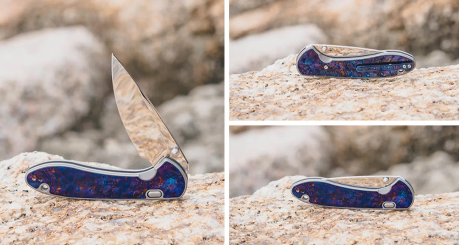Folding pocket knife with a blue and purple marbled handle shown open and closed on a rock surface.