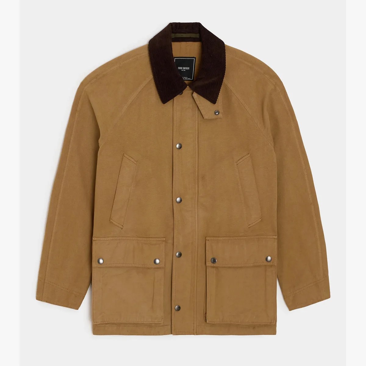 Brown canvas jacket with dark brown corduroy collar and snap button pockets.