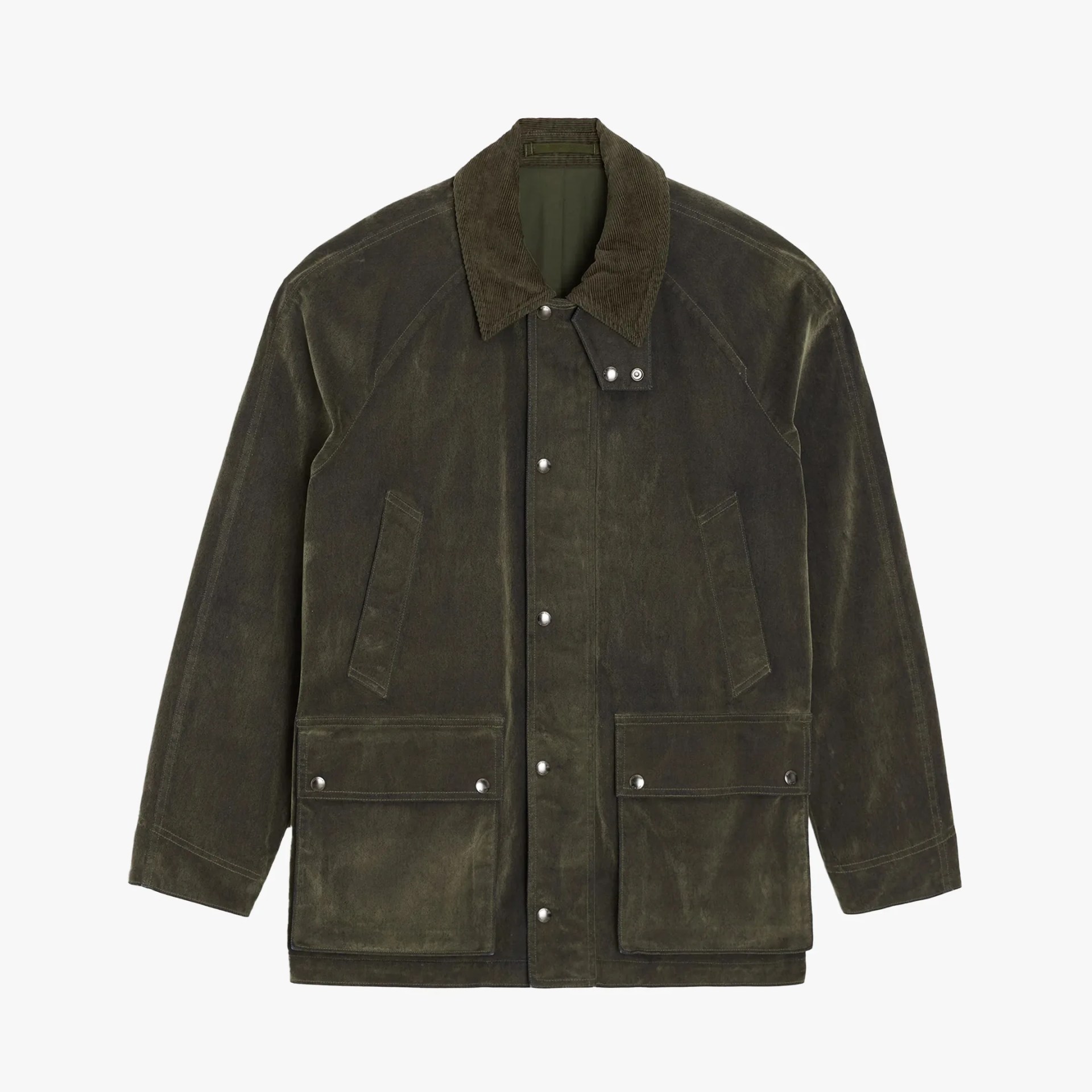 Olive green waxed cotton jacket with corduroy collar and snap button pockets.