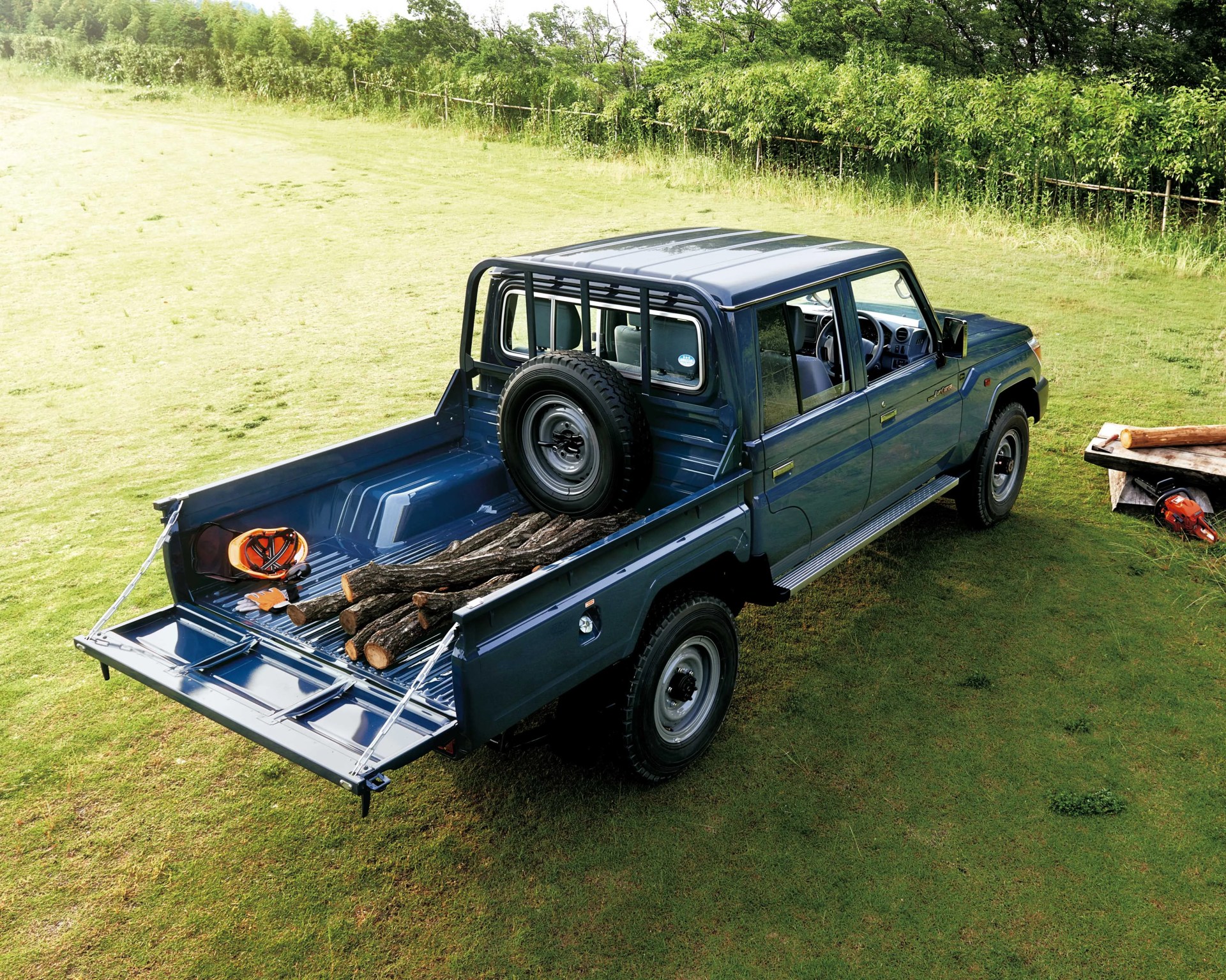 Blue double-cab pickup truck with spare tire mounted inside bed carrying logs and safety gear on grassy field.