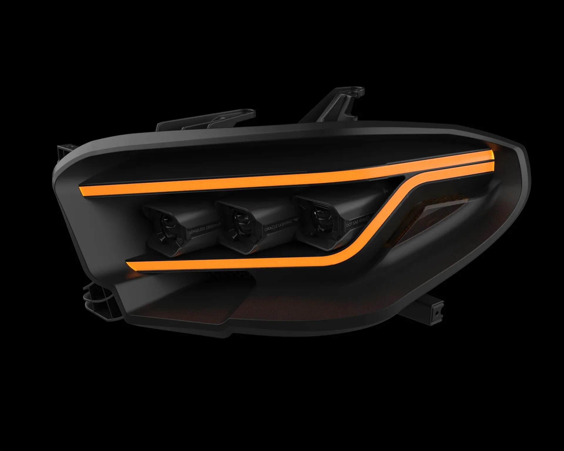 Black car headlight with three lensless projector units and orange LED accent lights.