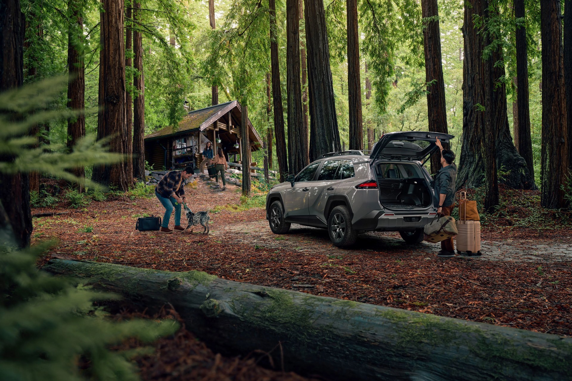 Gray SUV with open rear hatch parked in a forest near a log cabin with people and luggage nearby.