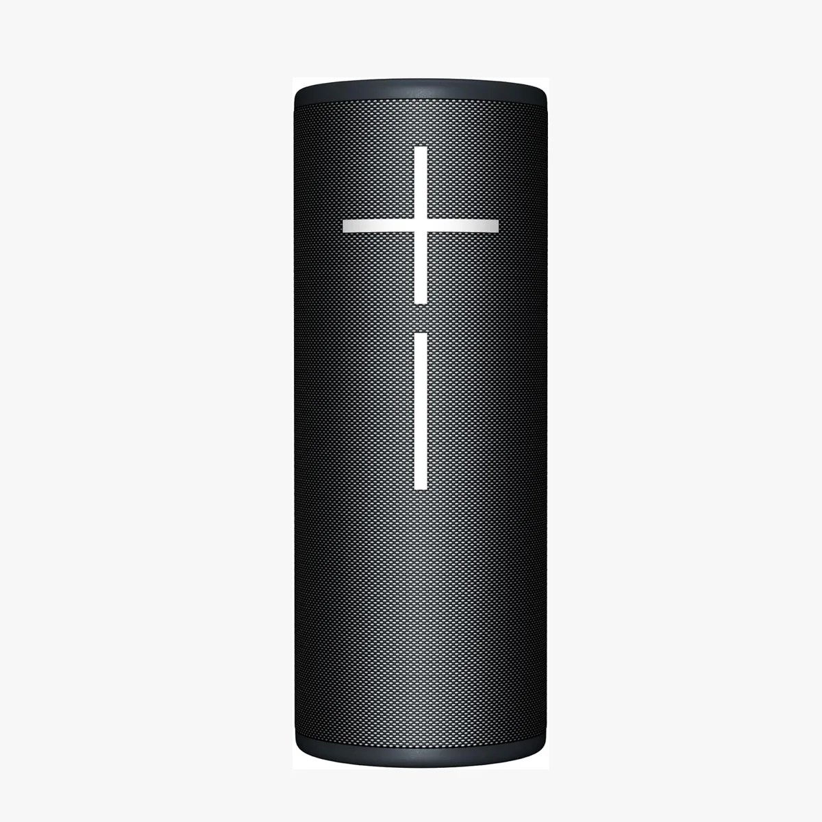 Black cylindrical Bluetooth speaker with large white plus and minus volume buttons on the front.