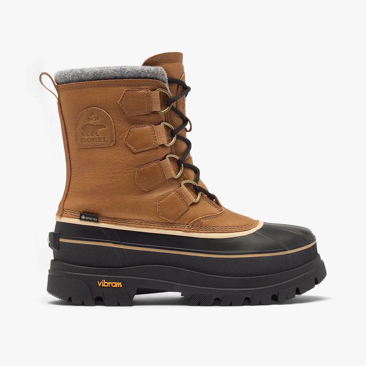 Brown leather and black rubber winter boot with gray fleece lining and Vibram sole.