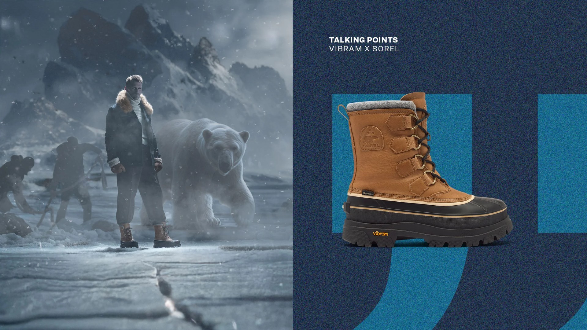 Brown and black Vibram x Sorel winter boot with Gore-Tex label on a blue background.