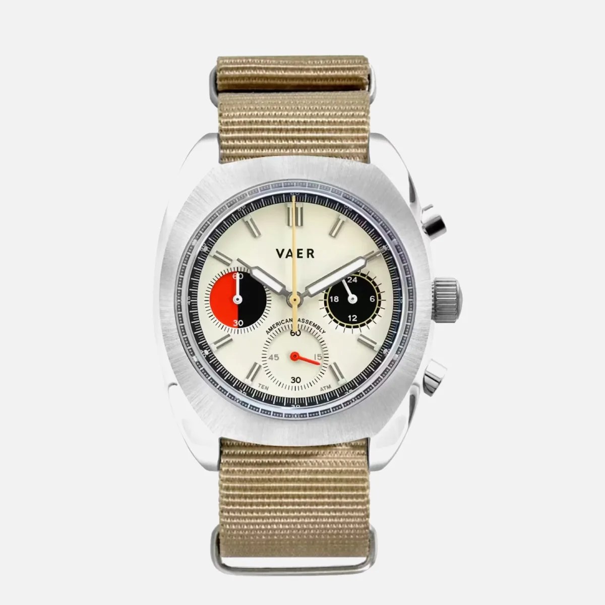 Silver chronograph wristwatch with beige fabric strap and cream dial featuring black and red subdials.