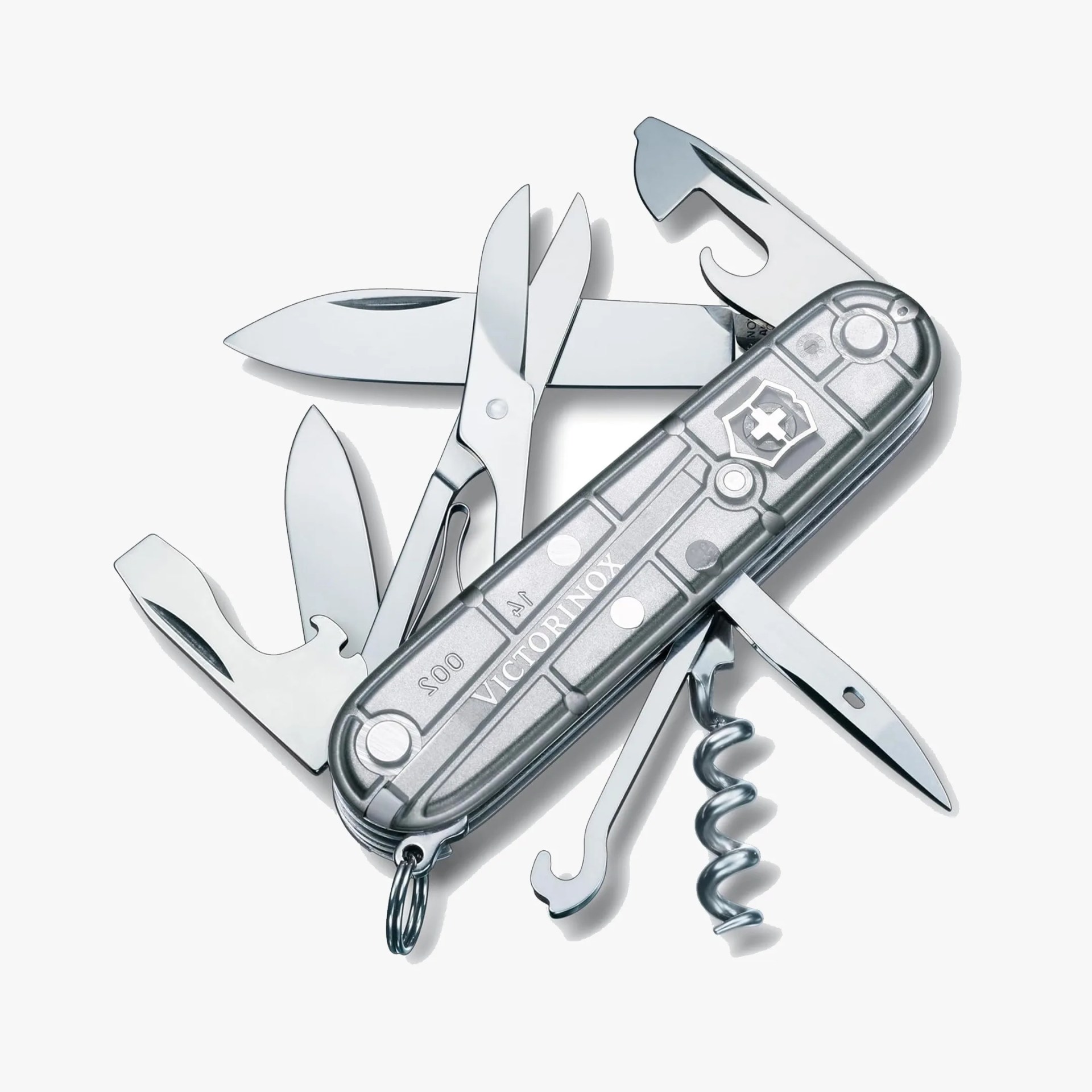 Silver Victorinox Swiss Army knife with multiple tools extended, including blades, scissors, corkscrew, and bottle opener.