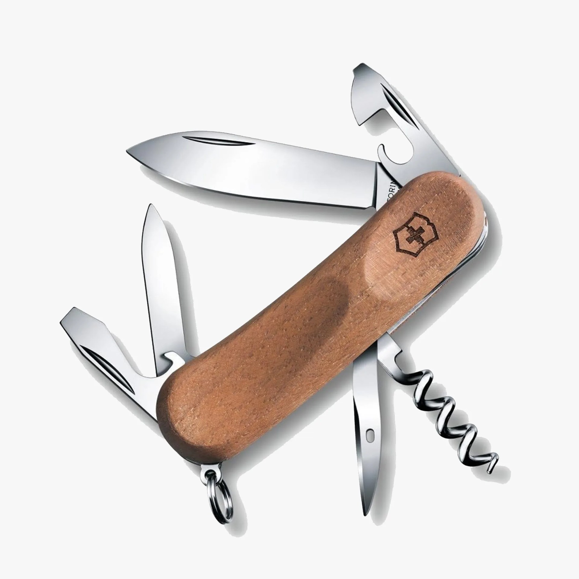 Swiss Army knife with wooden handle and multiple stainless steel tools extended, including blades, corkscrew, and bottle opener.