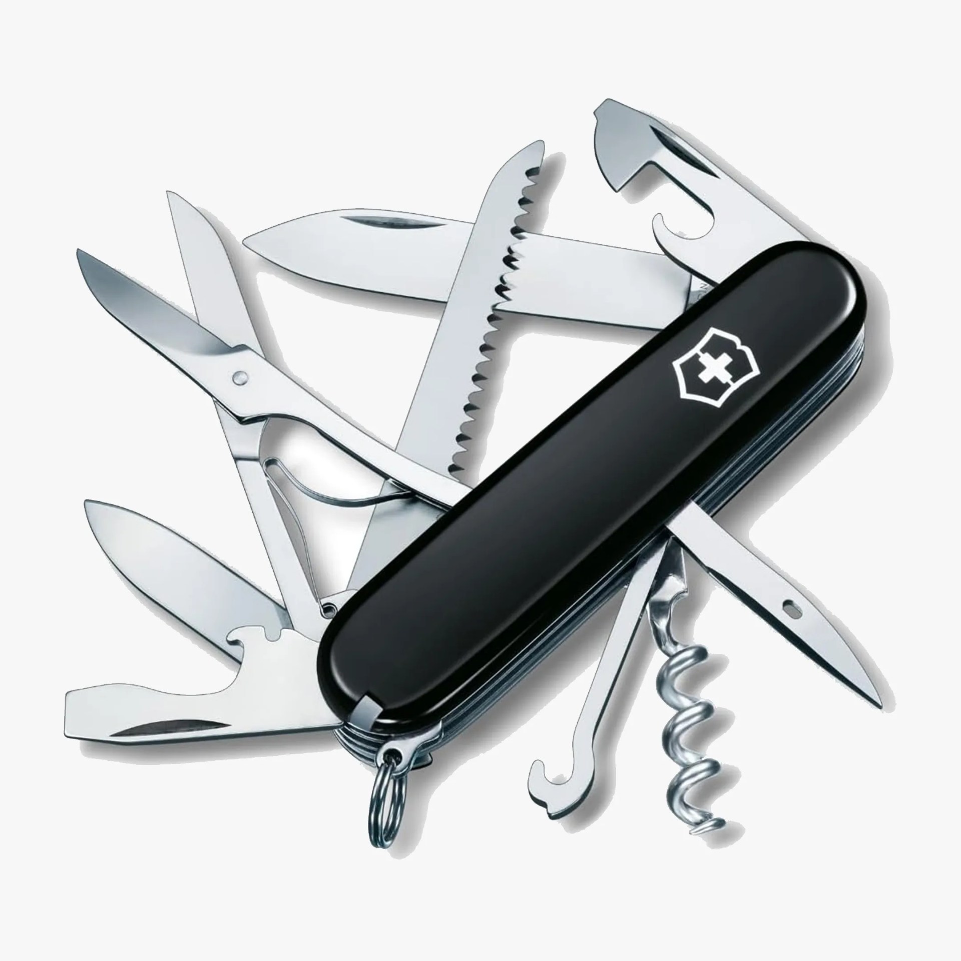Black Swiss Army knife with multiple open tools including scissors, saw, corkscrew, and blades.