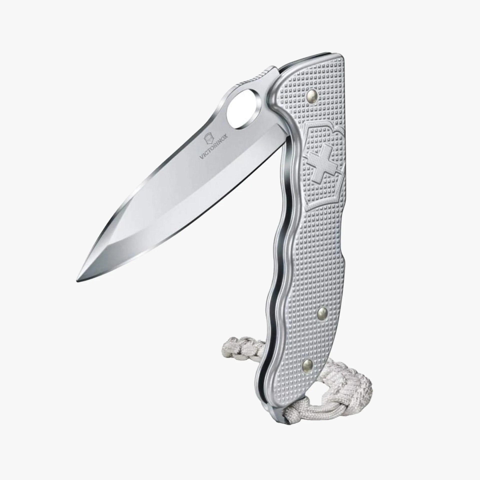 Silver Victorinox folding knife with textured handle and lanyard loop, blade partially open.