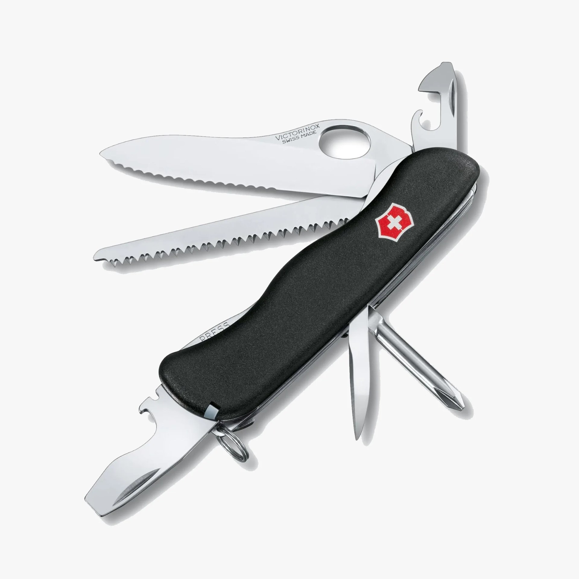 Black Swiss Army knife with multiple stainless steel tools extended, including serrated blades, screwdriver, and bottle opener.